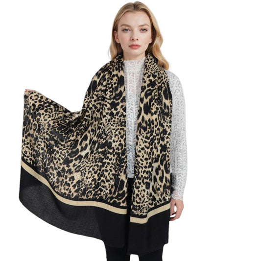 Classic Leopard Print Scarf Contrasting Stripes Lightweight Shawl Wrap Scarves