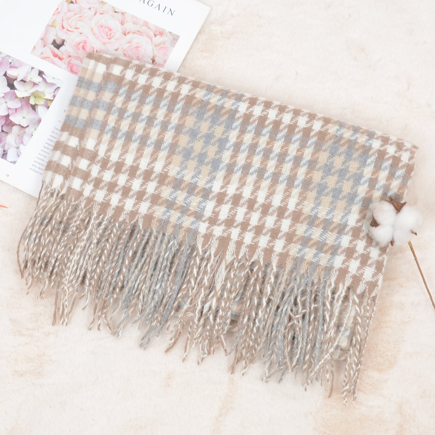 Houndstooth Plaid Winter Scarf Soft Fringe Oversized Wrap Shawls