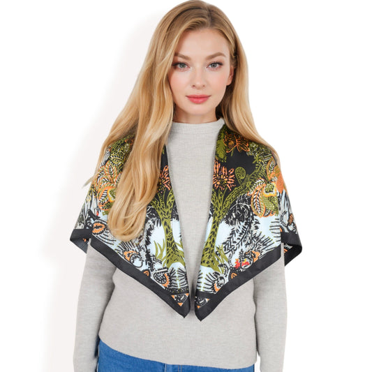 Floral Paisley Satin Silk Scarf with Vibrant Prints and Elegant Square Design