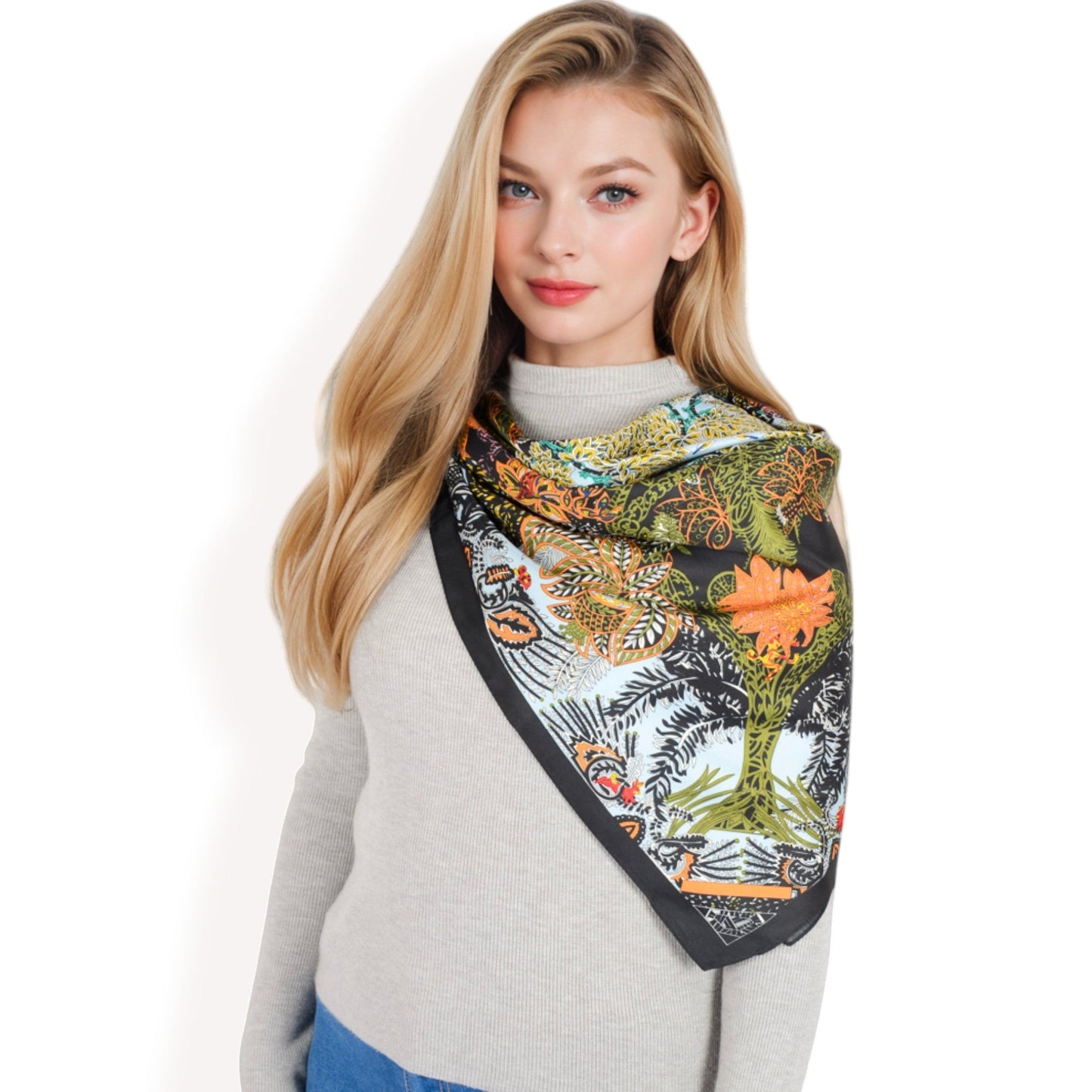 Floral Paisley Satin Silk Scarf with Vibrant Prints and Elegant Square Design