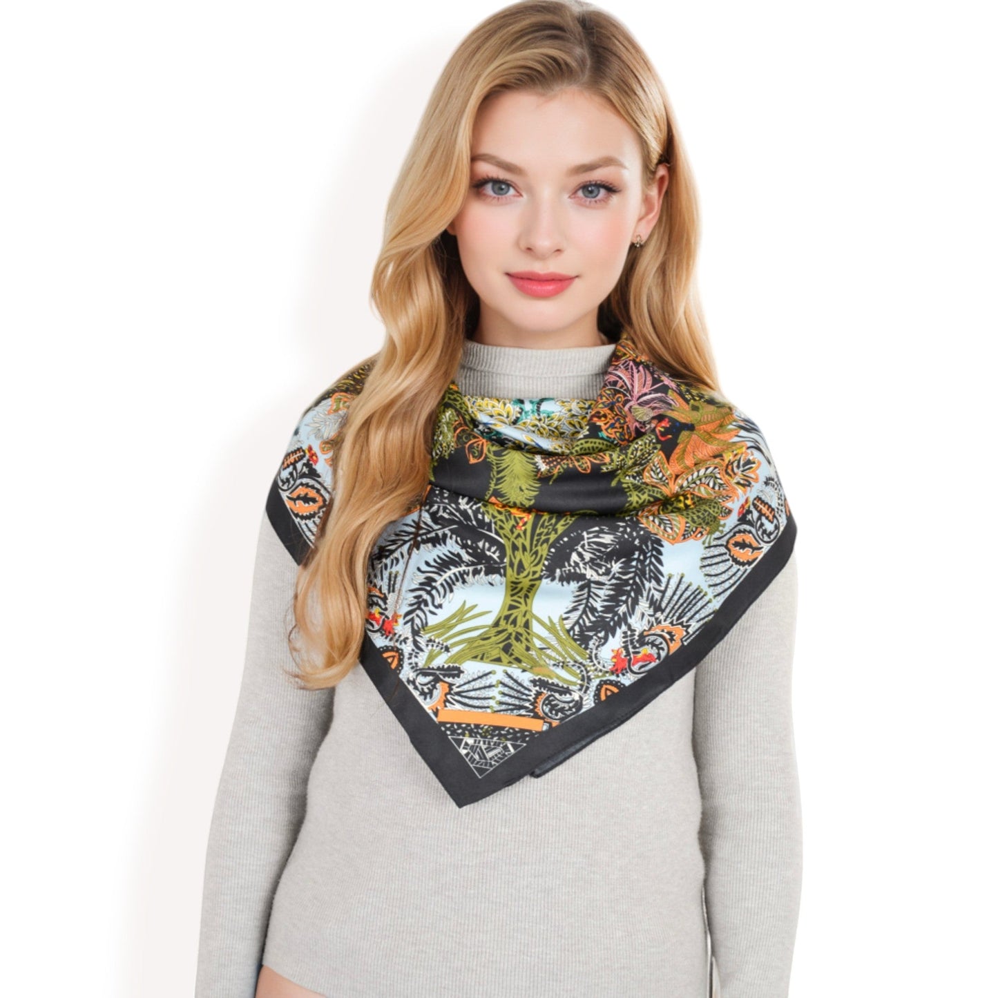 Floral Paisley Satin Silk Scarf with Vibrant Prints and Elegant Square Design