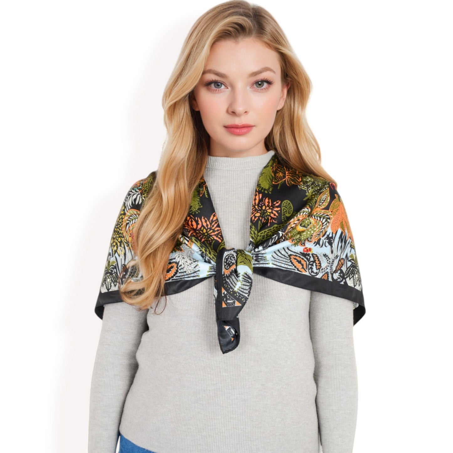 Floral Paisley Satin Silk Scarf with Vibrant Prints and Elegant Square Design