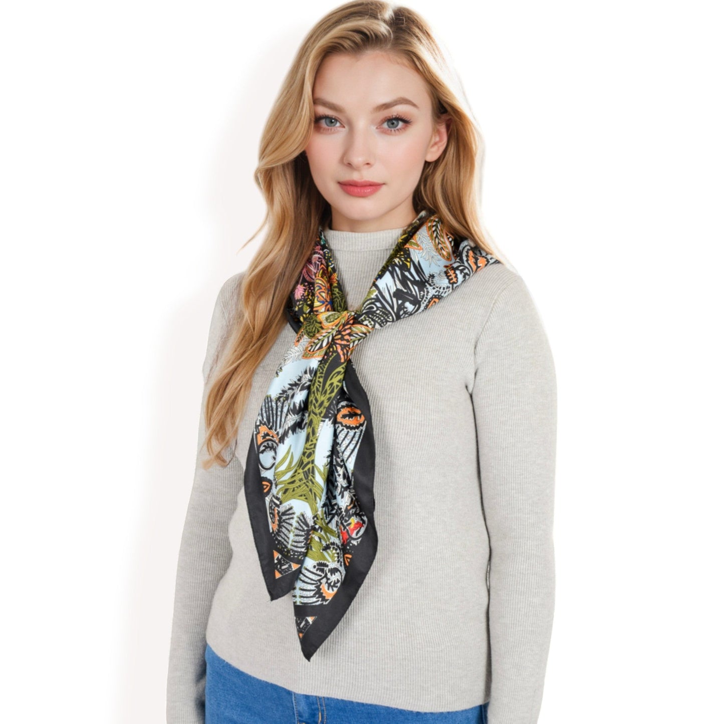Floral Paisley Satin Silk Scarf with Vibrant Prints and Elegant Square Design