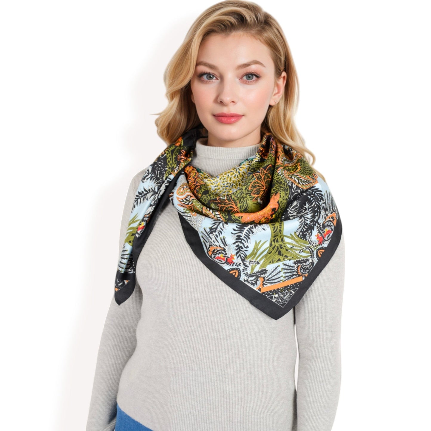 Floral Paisley Satin Silk Scarf with Vibrant Prints and Elegant Square Design