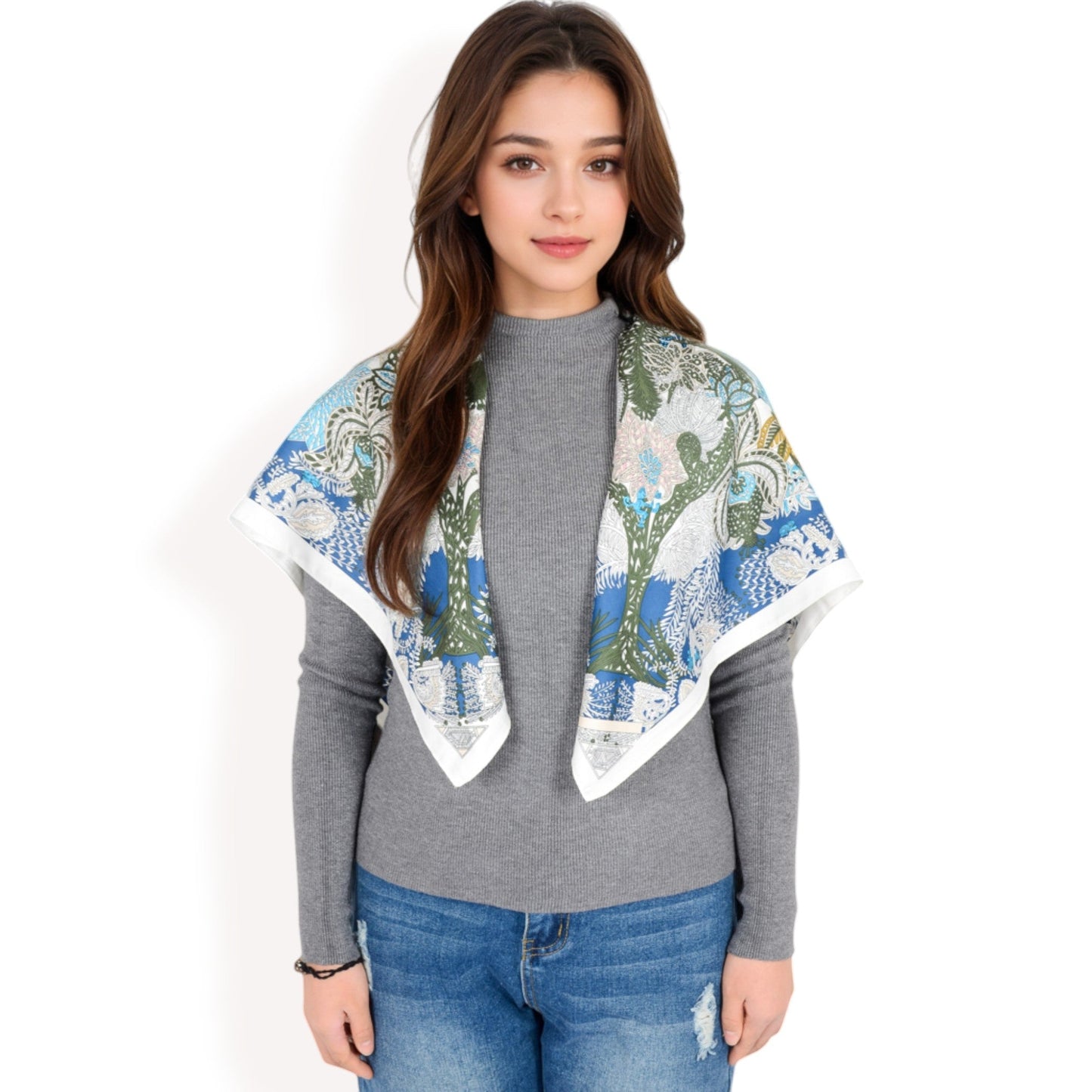 Floral Paisley Satin Silk Scarf with Vibrant Prints and Elegant Square Design