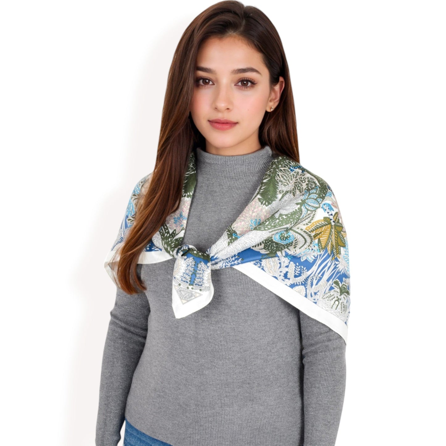 Floral Paisley Satin Silk Scarf with Vibrant Prints and Elegant Square Design