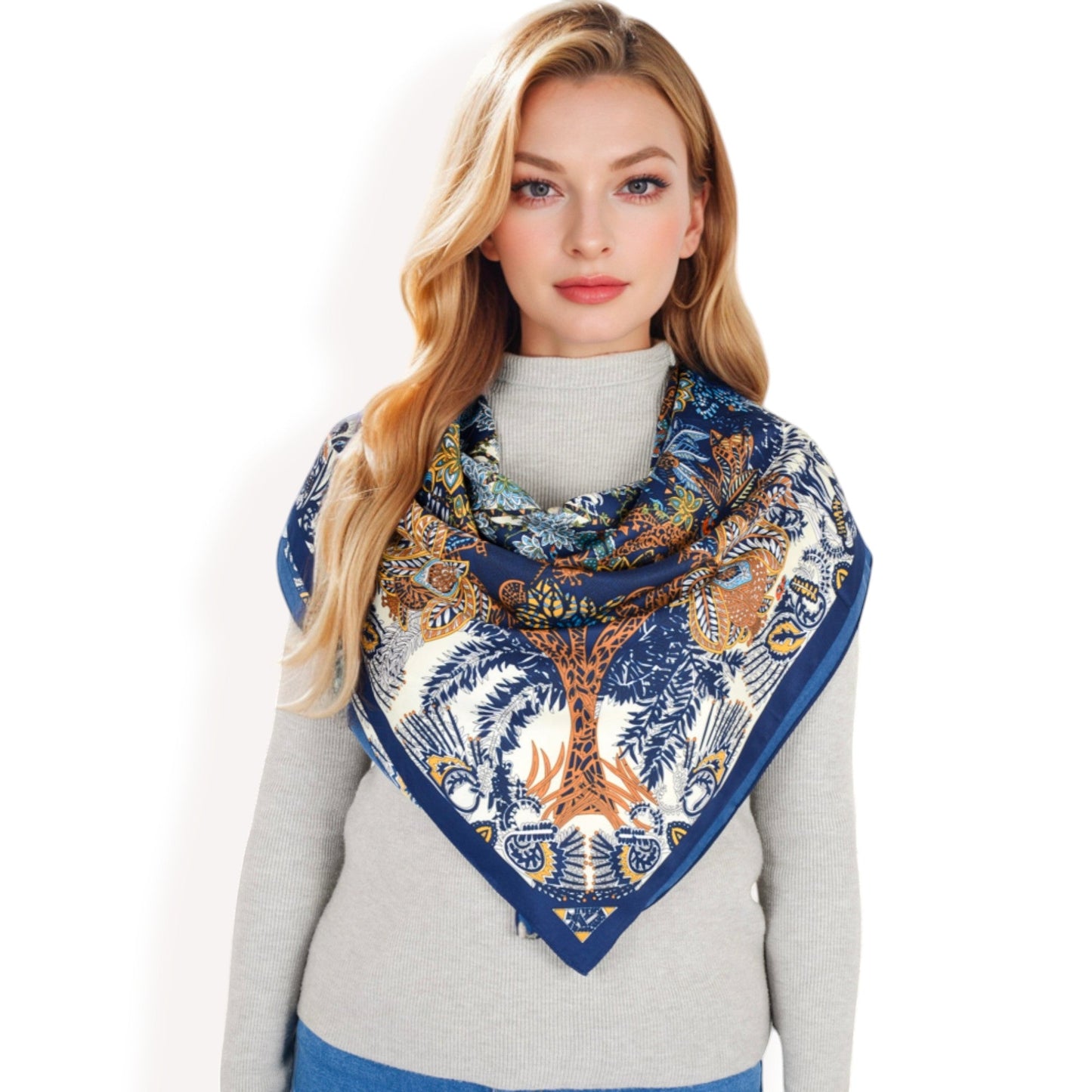 Floral Paisley Satin Silk Scarf with Vibrant Prints and Elegant Square Design