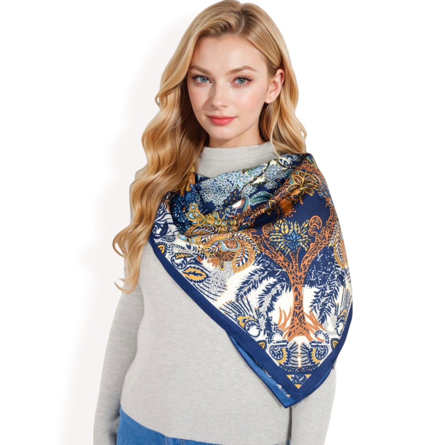 Floral Paisley Satin Silk Scarf with Vibrant Prints and Elegant Square Design