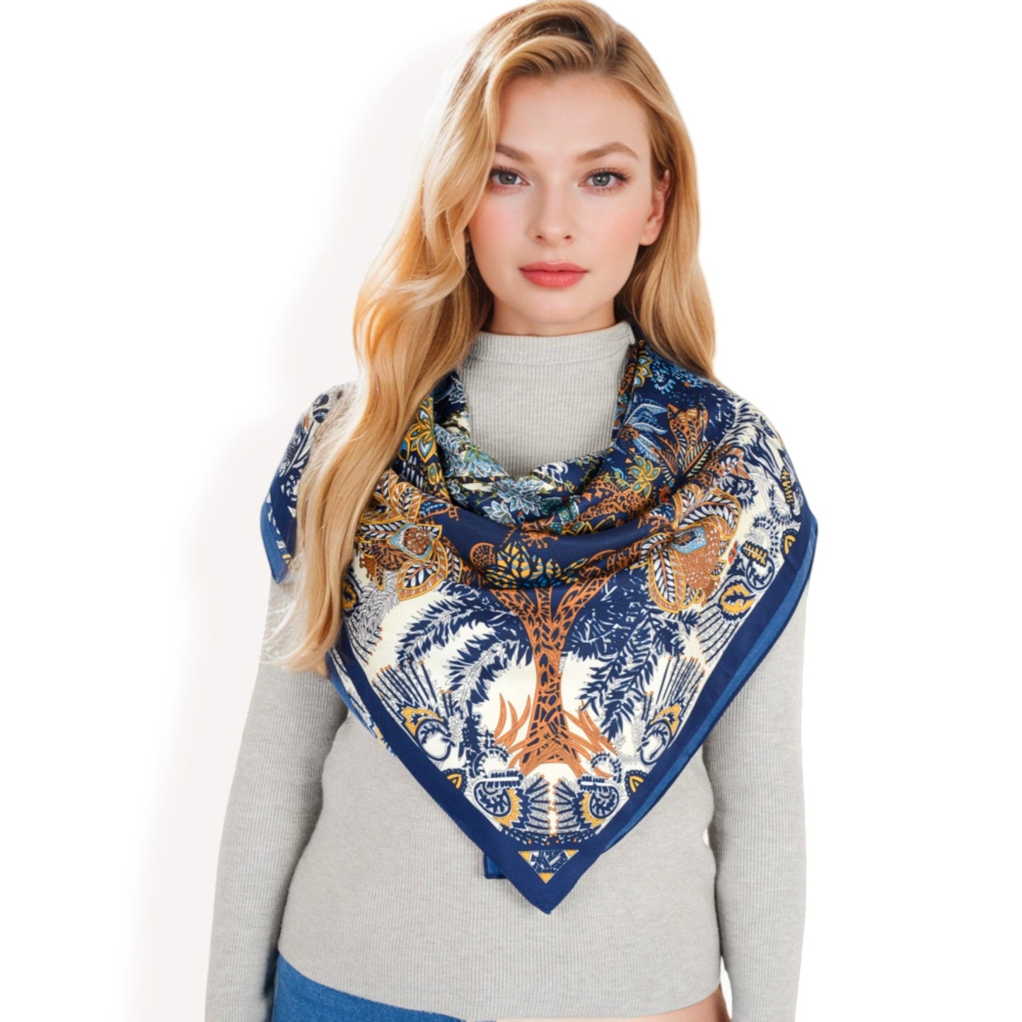 Floral Paisley Satin Silk Scarf with Vibrant Prints and Elegant Square Design