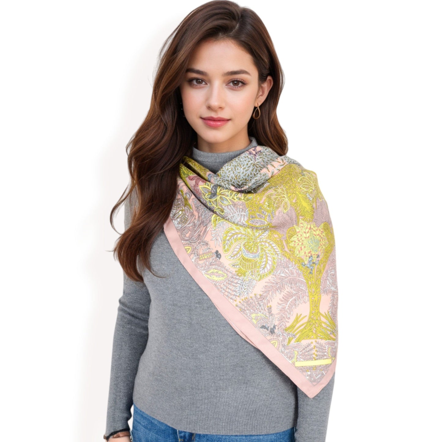 Floral Paisley Satin Silk Scarf with Vibrant Prints and Elegant Square Design