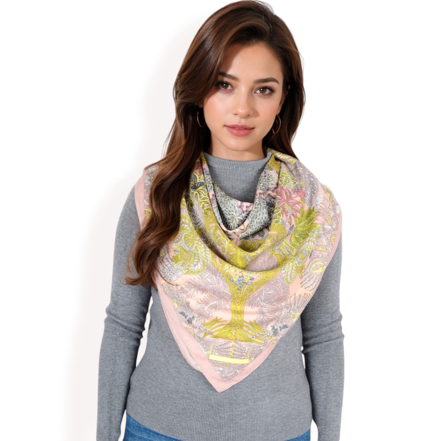 Floral Paisley Satin Silk Scarf with Vibrant Prints and Elegant Square Design
