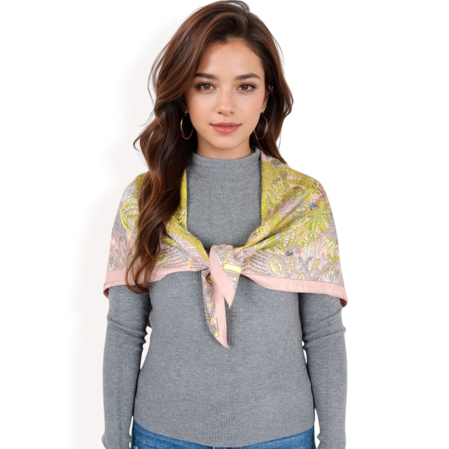Floral Paisley Satin Silk Scarf with Vibrant Prints and Elegant Square Design