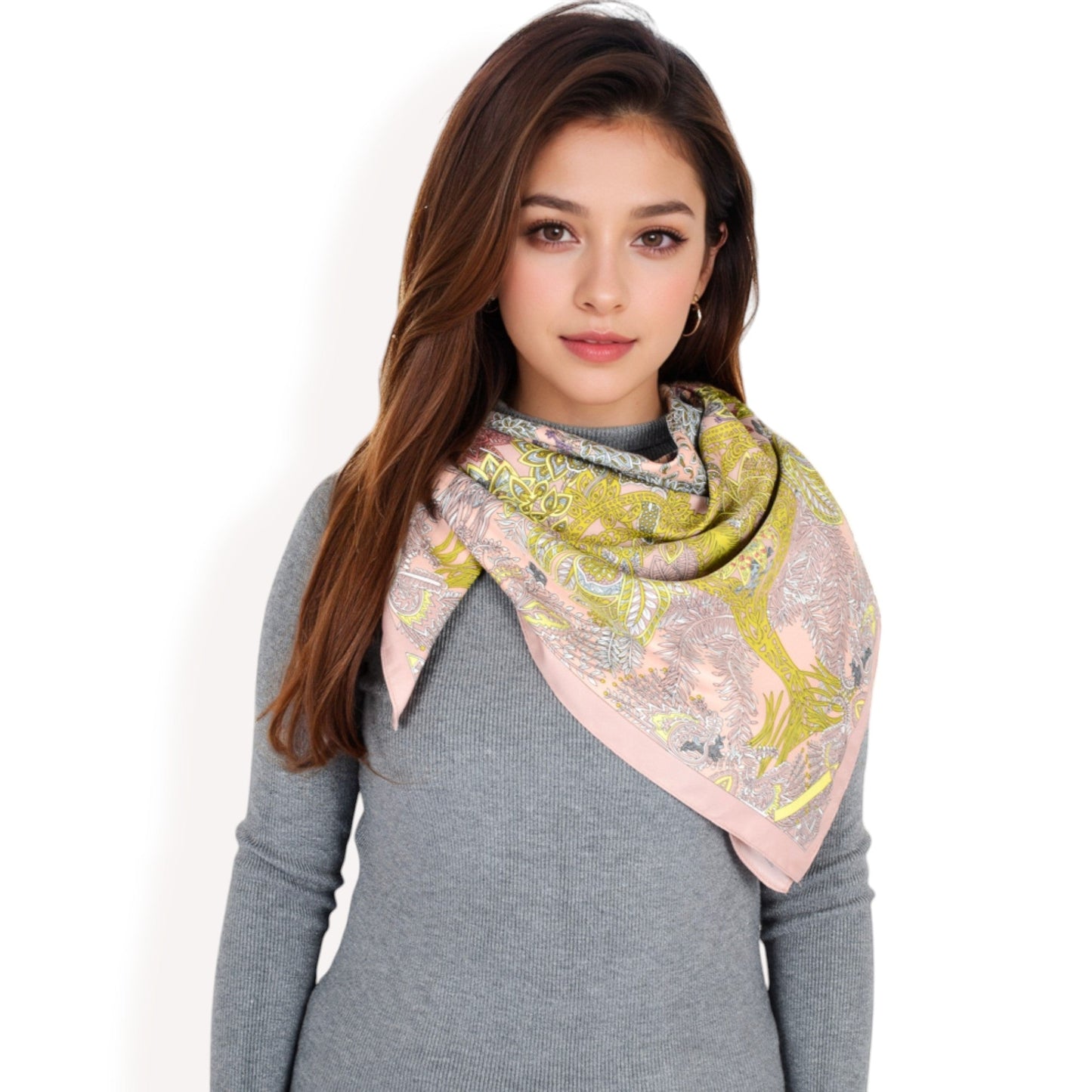Floral Paisley Satin Silk Scarf with Vibrant Prints and Elegant Square Design