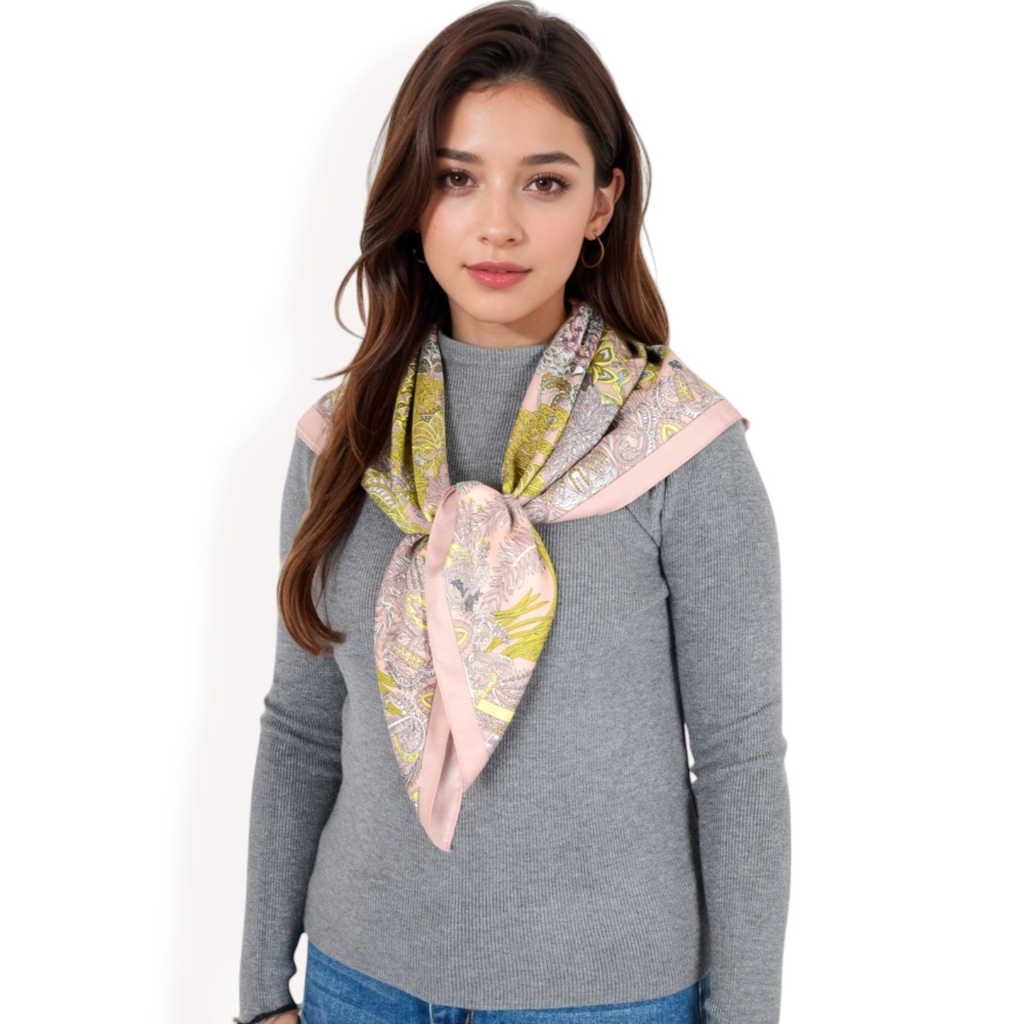 Floral Paisley Satin Silk Scarf with Vibrant Prints and Elegant Square Design