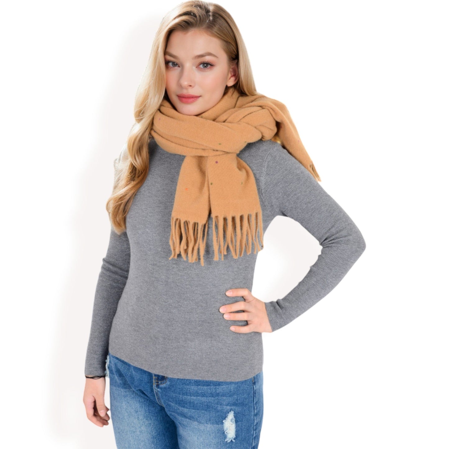 Cashmere-Like Polka Dot Fringe Scarf with Soft Fabric and Lightweight Warmth
