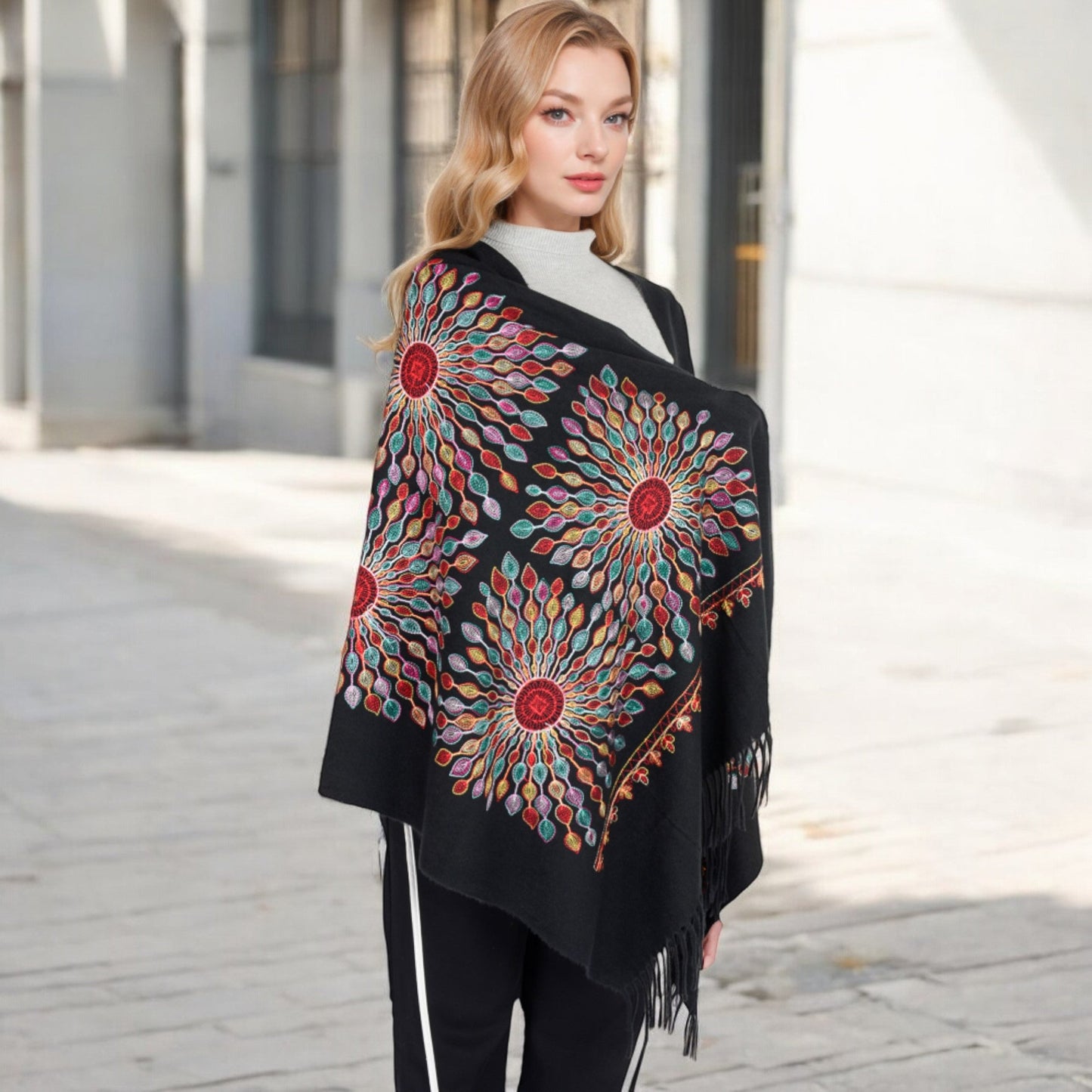 Floral Mandala Embroidered Scarf with Fringed Edges and Lightweight Fabric