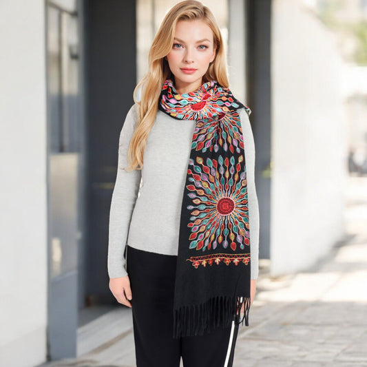 Floral Mandala Embroidered Scarf with Fringed Edges and Lightweight Fabric
