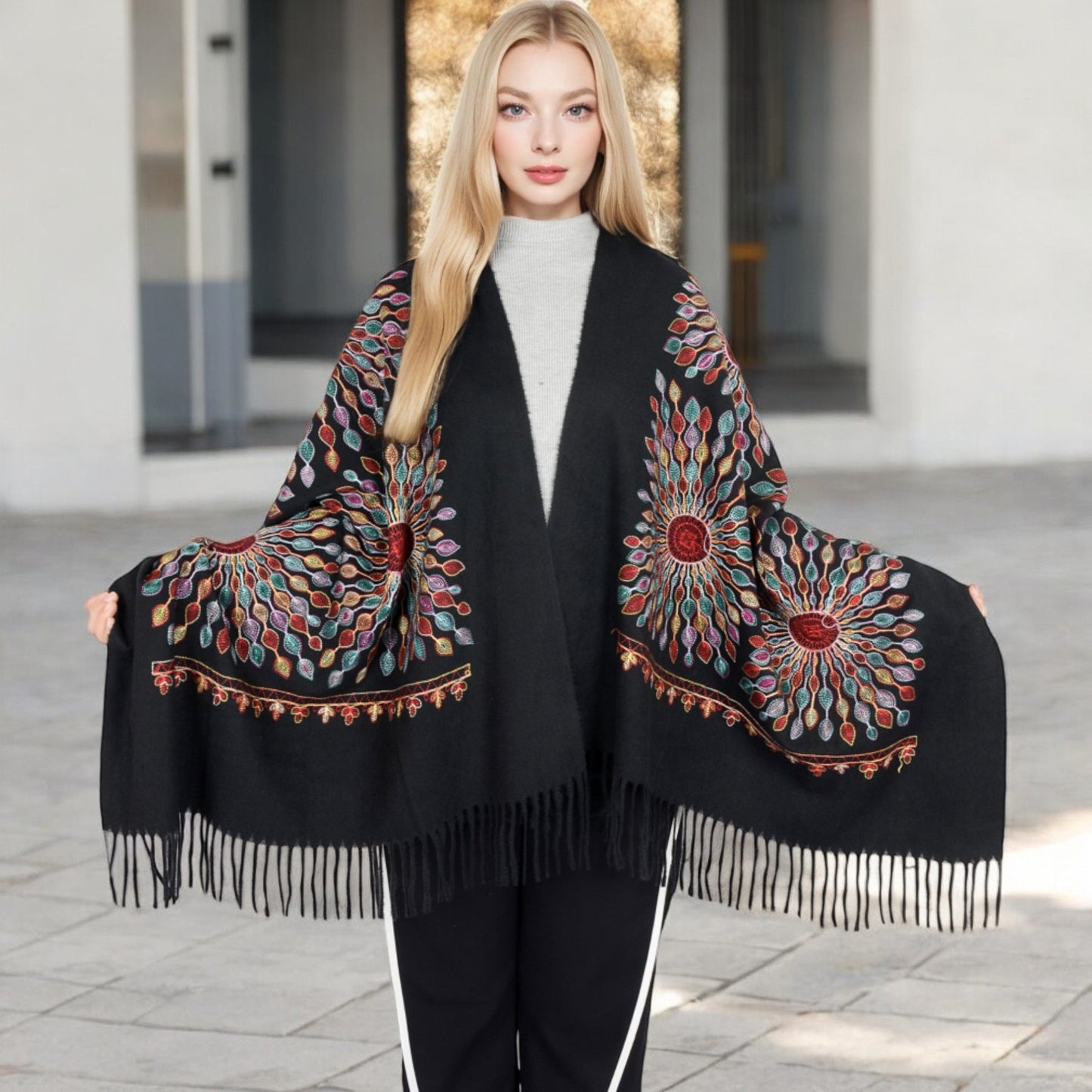 Floral Mandala Embroidered Scarf with Fringed Edges and Lightweight Fabric