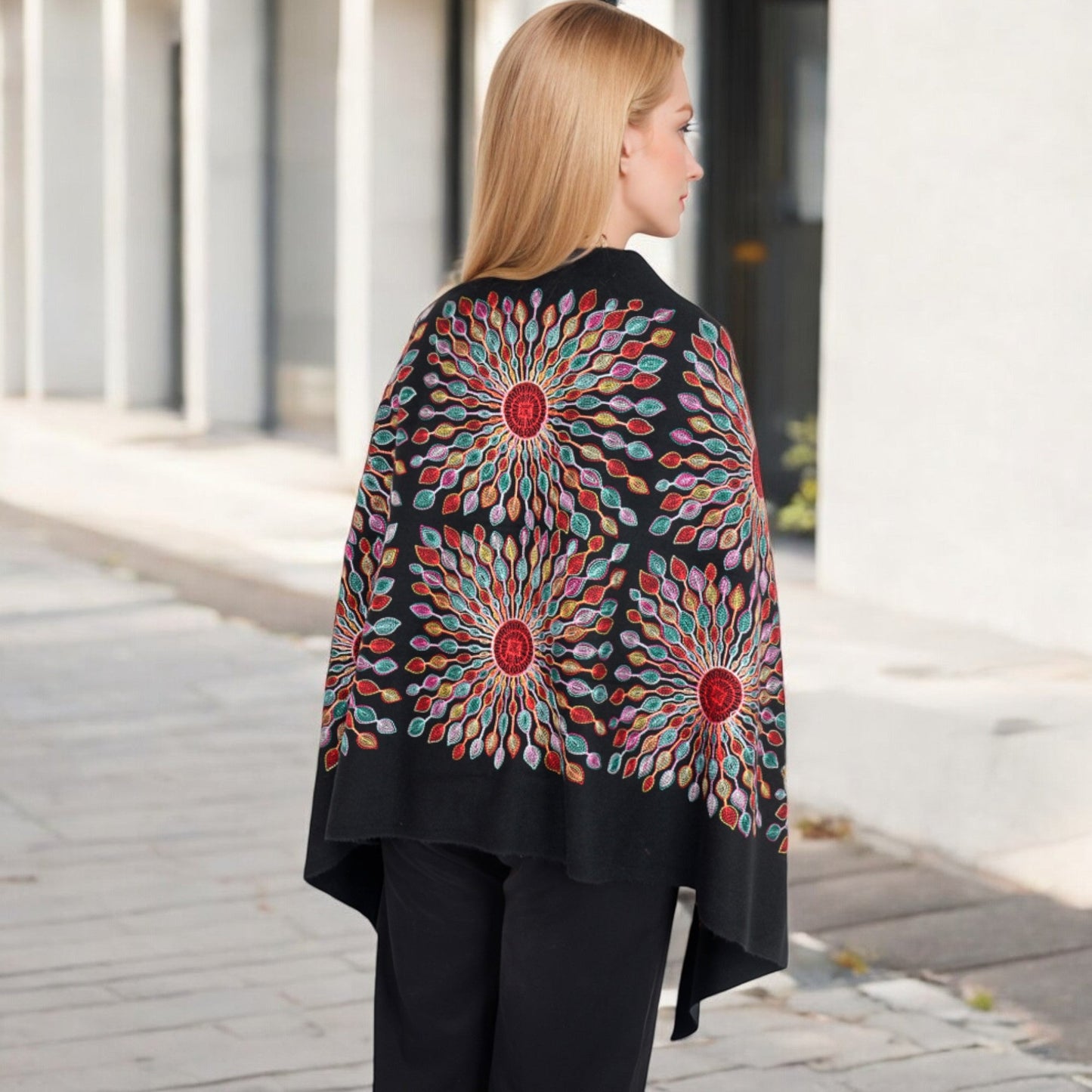 Floral Mandala Embroidered Scarf with Fringed Edges and Lightweight Fabric