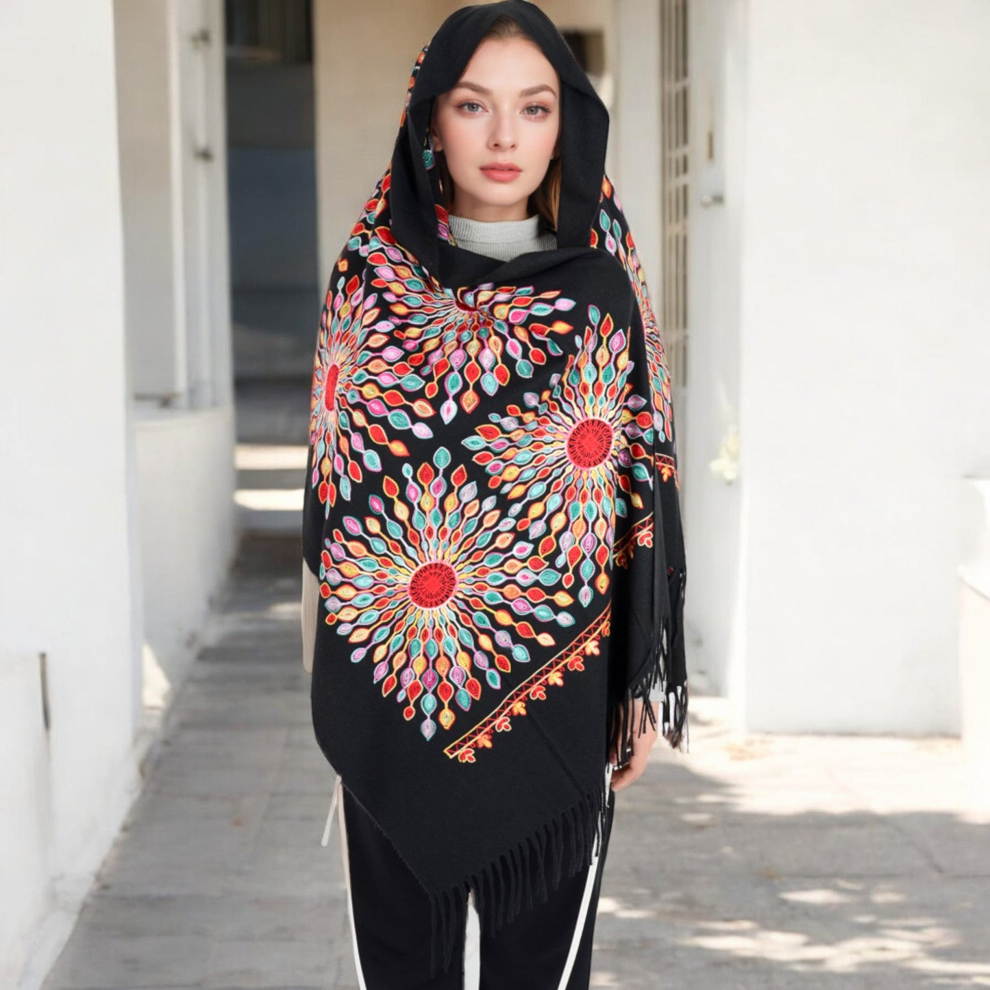Floral Mandala Embroidered Scarf with Fringed Edges and Lightweight Fabric