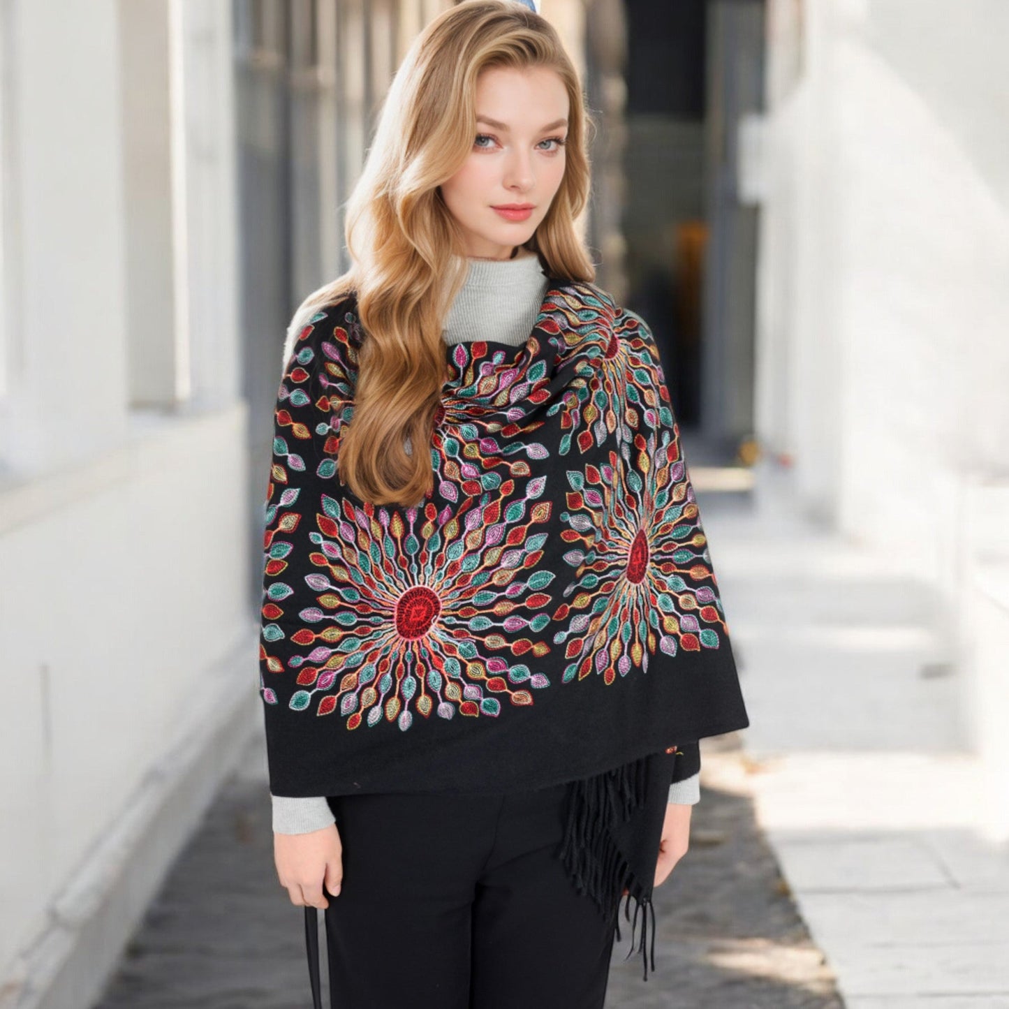 Floral Mandala Embroidered Scarf with Fringed Edges and Lightweight Fabric