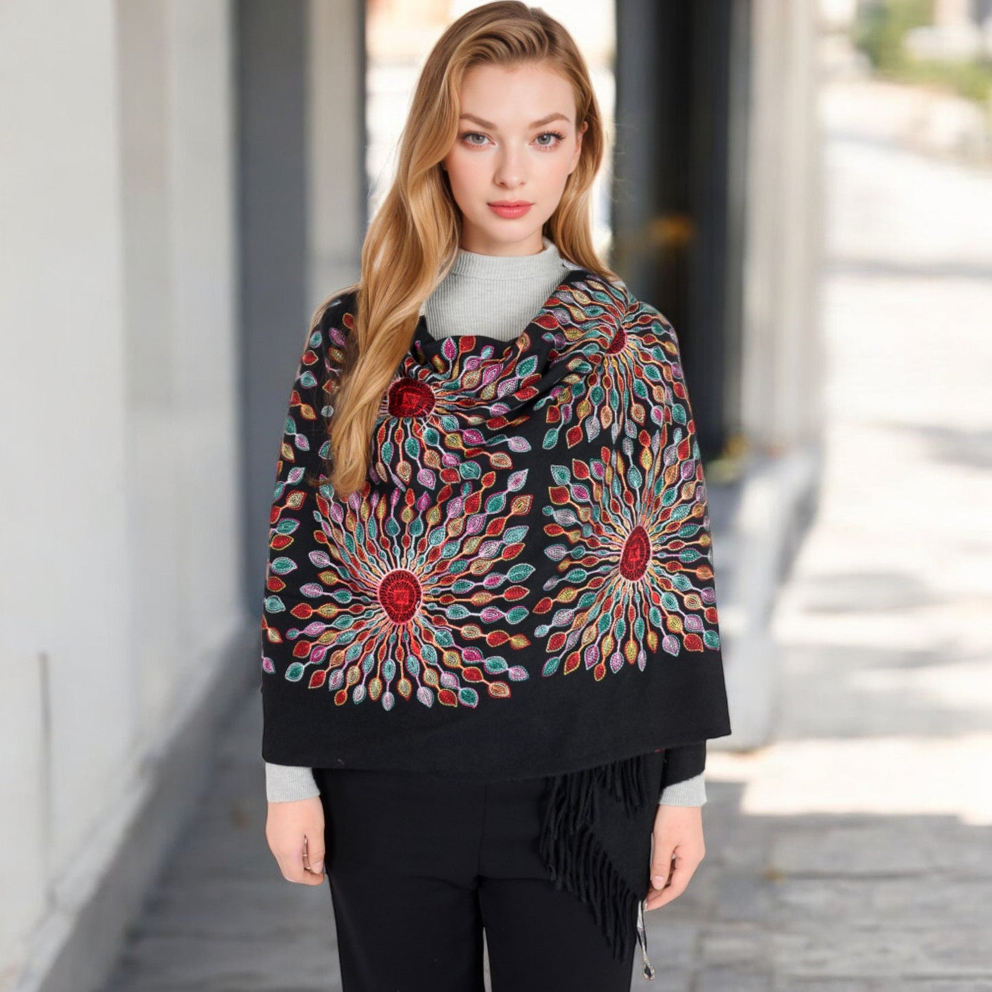 Floral Mandala Embroidered Scarf with Fringed Edges and Lightweight Fabric