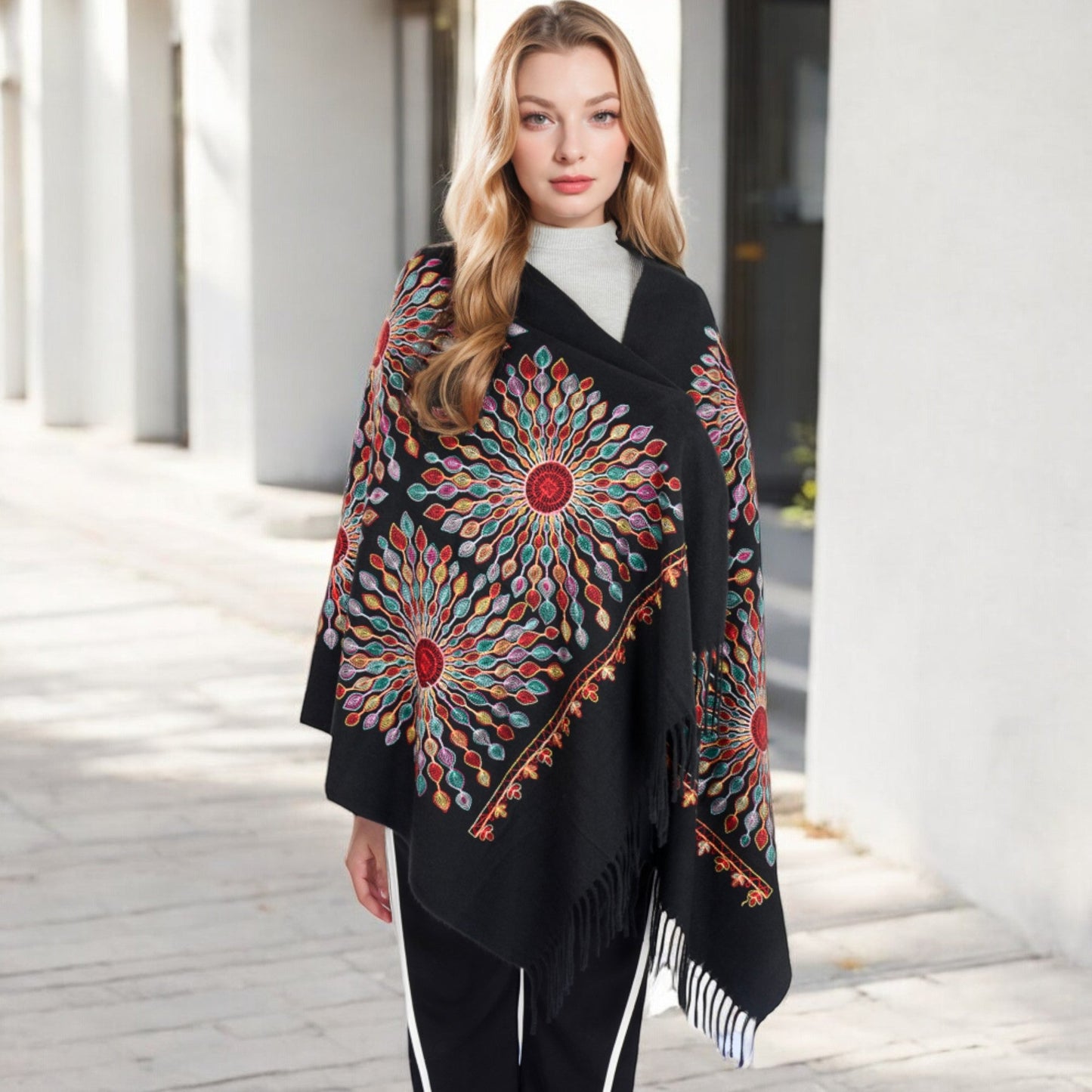 Floral Mandala Embroidered Scarf with Fringed Edges and Lightweight Fabric