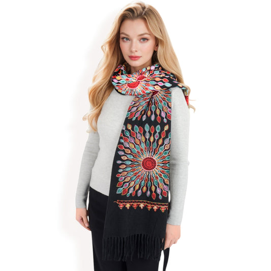 Floral Mandala Embroidered Scarf with Fringed Edges and Lightweight Fabric