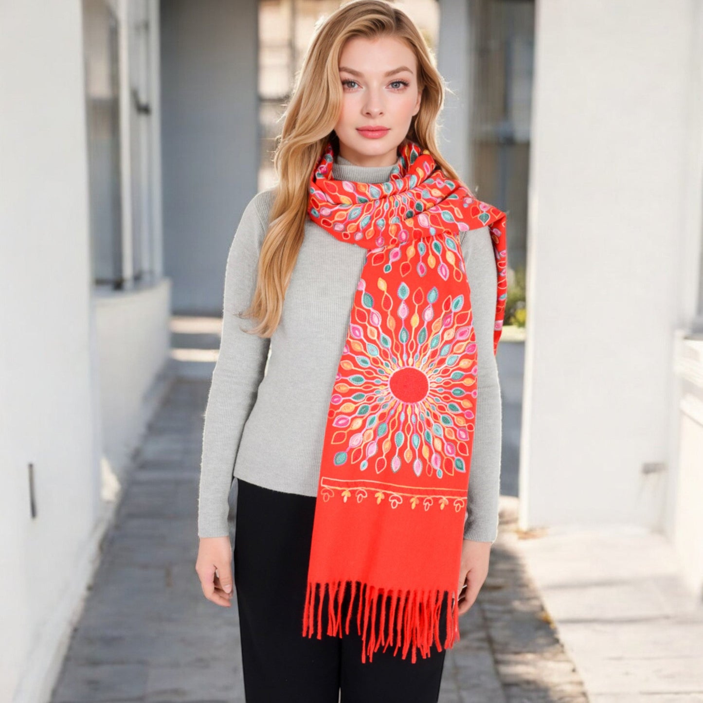 Floral Mandala Embroidered Scarf with Fringed Edges and Lightweight Fabric