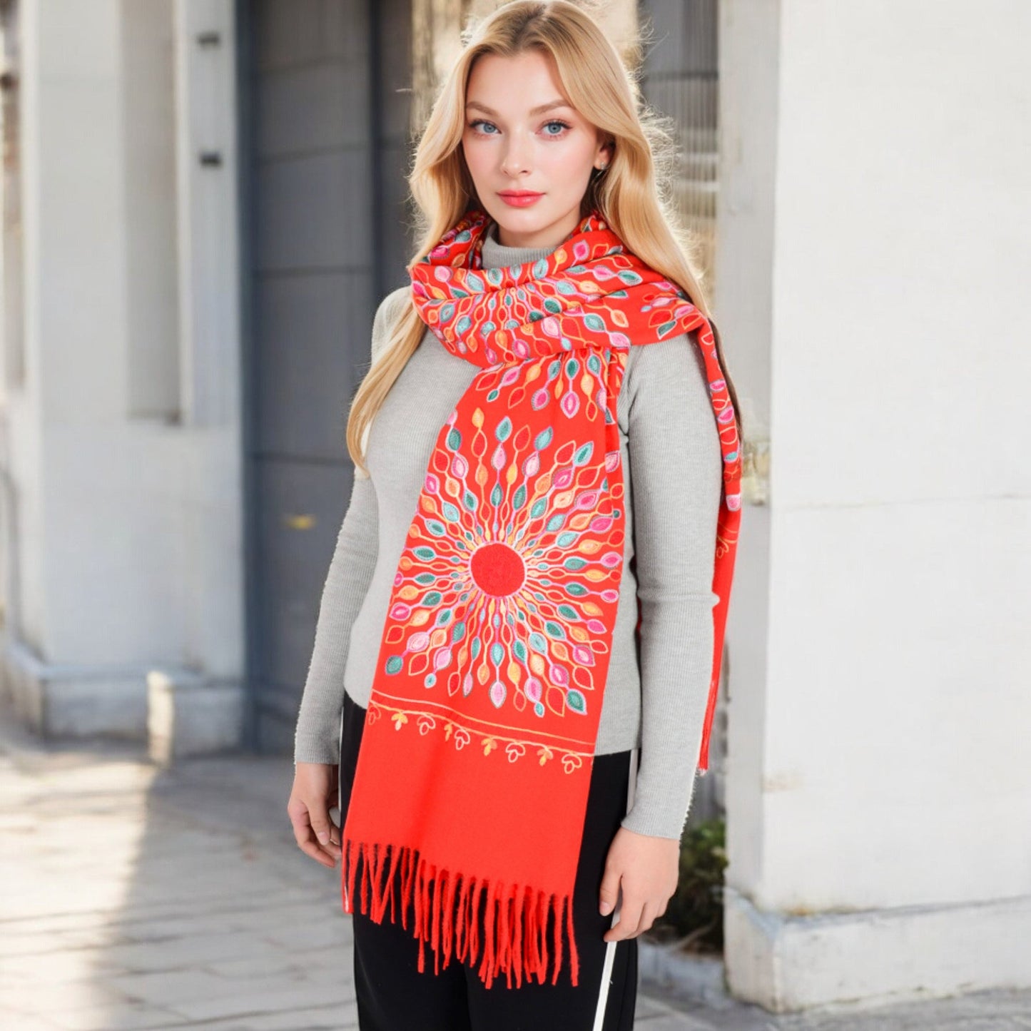 Floral Mandala Embroidered Scarf with Fringed Edges and Lightweight Fabric