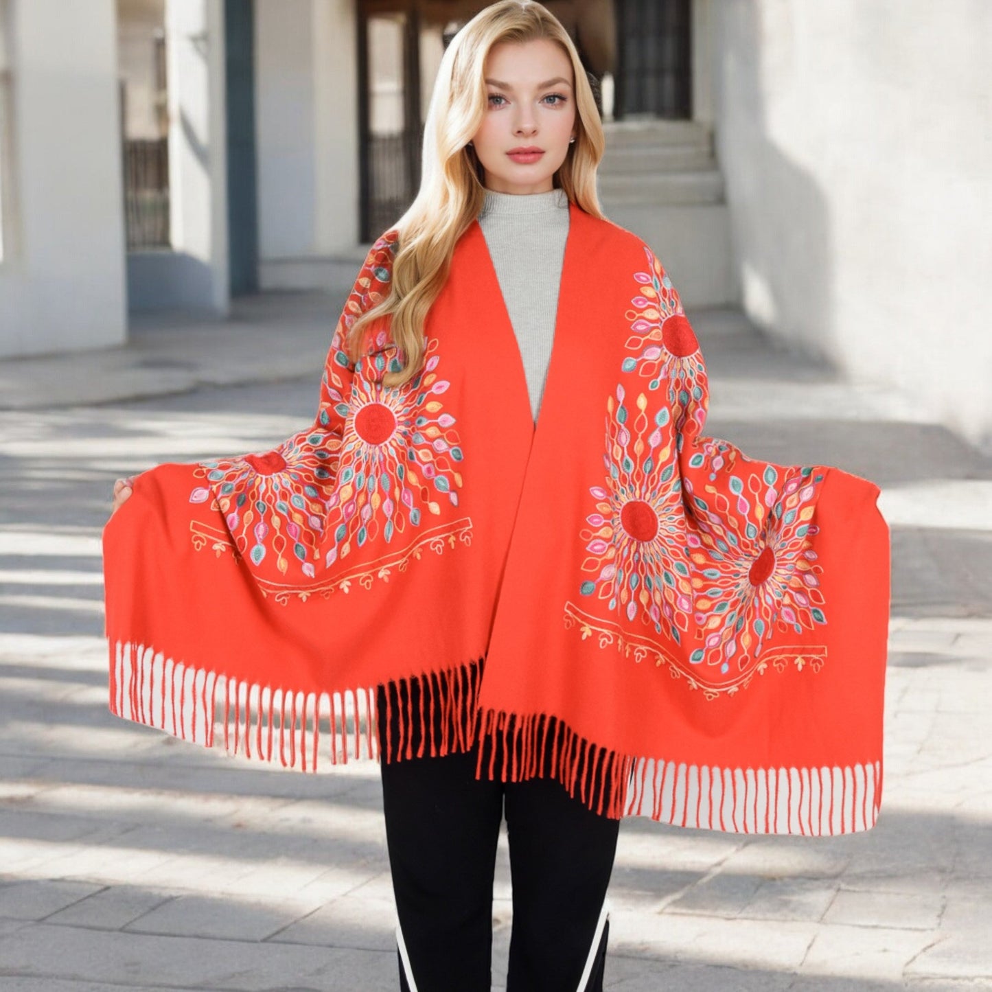 Floral Mandala Embroidered Scarf with Fringed Edges and Lightweight Fabric