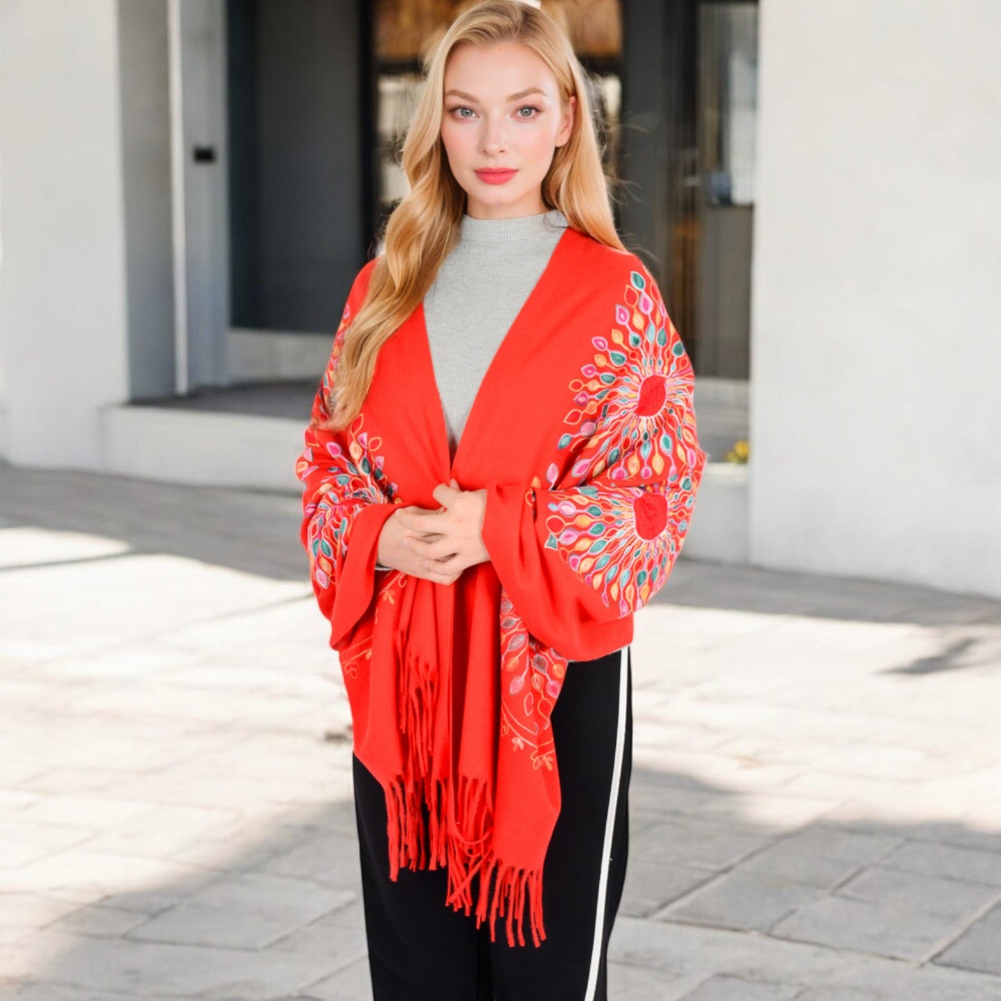 Floral Mandala Embroidered Scarf with Fringed Edges and Lightweight Fabric