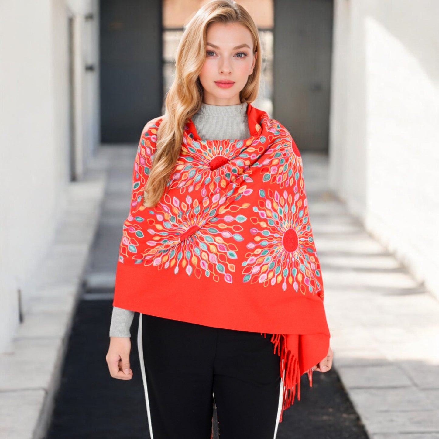 Floral Mandala Embroidered Scarf with Fringed Edges and Lightweight Fabric