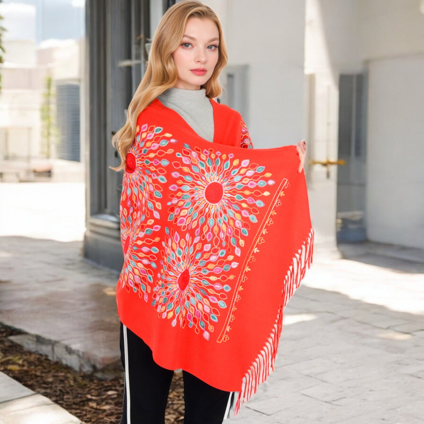Floral Mandala Embroidered Scarf with Fringed Edges and Lightweight Fabric