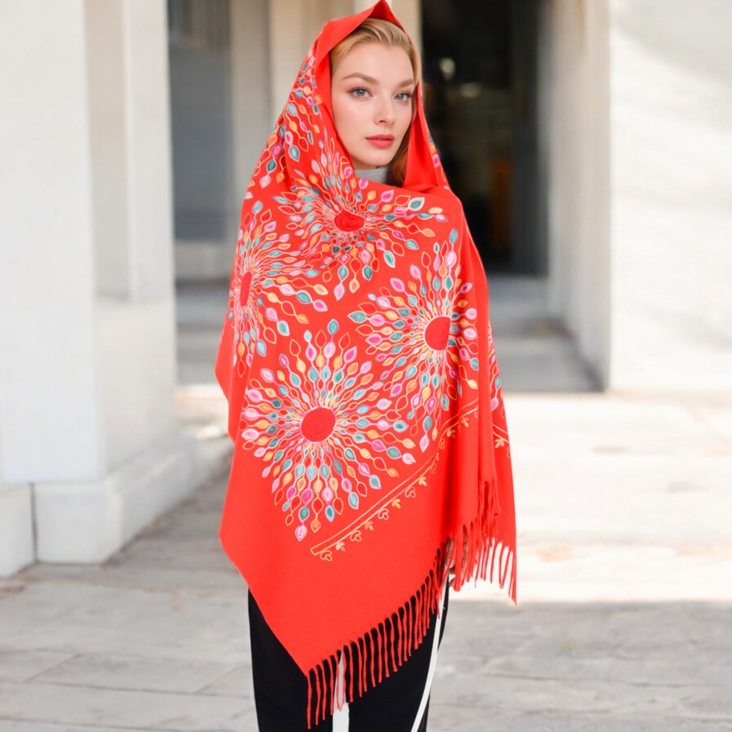 Floral Mandala Embroidered Scarf with Fringed Edges and Lightweight Fabric