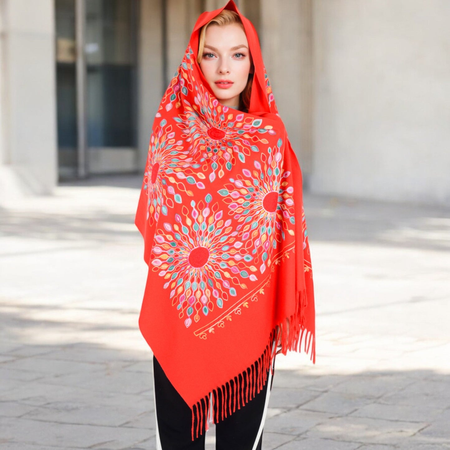 Floral Mandala Embroidered Scarf with Fringed Edges and Lightweight Fabric