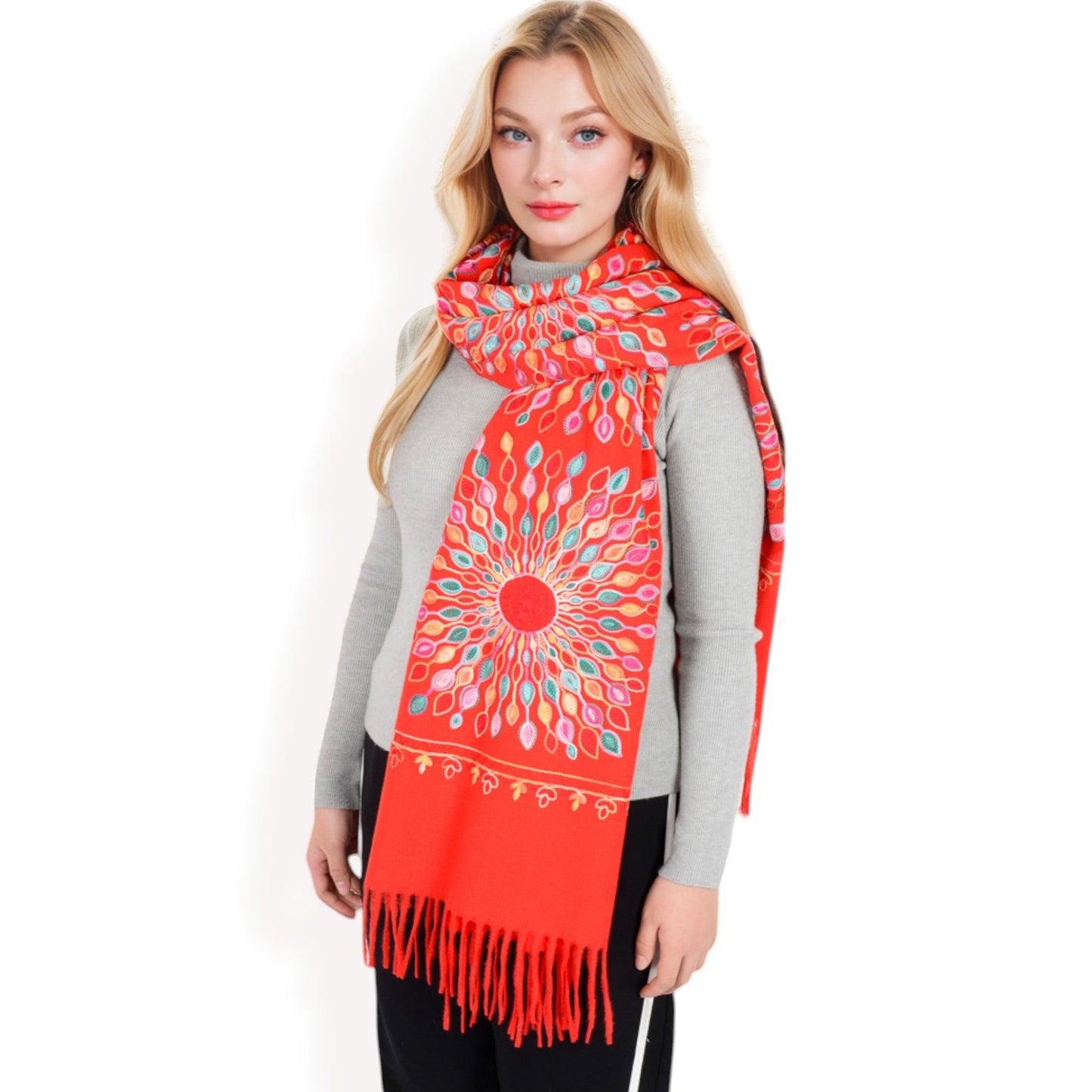 Floral Mandala Embroidered Scarf with Fringed Edges and Lightweight Fabric