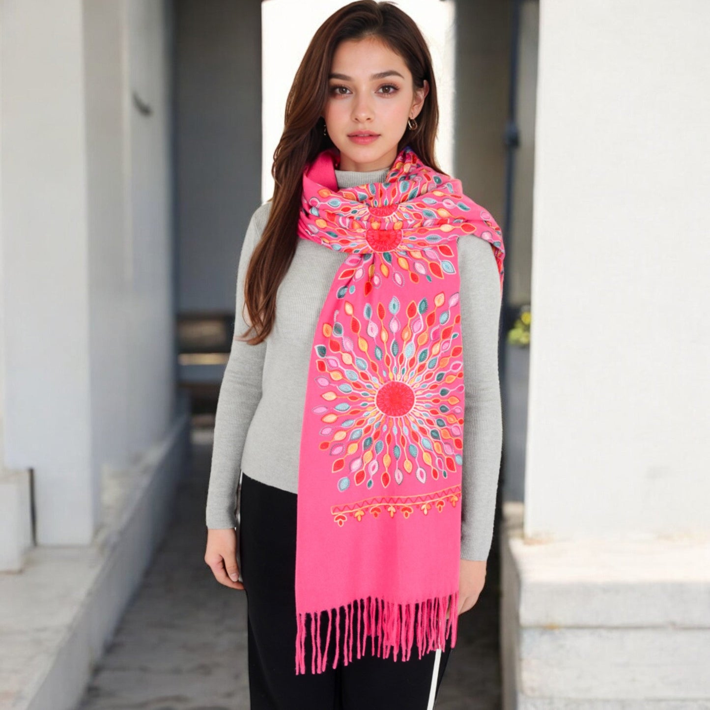 Floral Mandala Embroidered Scarf with Fringed Edges and Lightweight Fabric