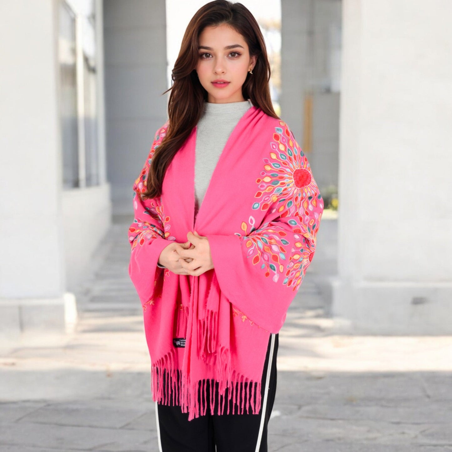 Floral Mandala Embroidered Scarf with Fringed Edges and Lightweight Fabric