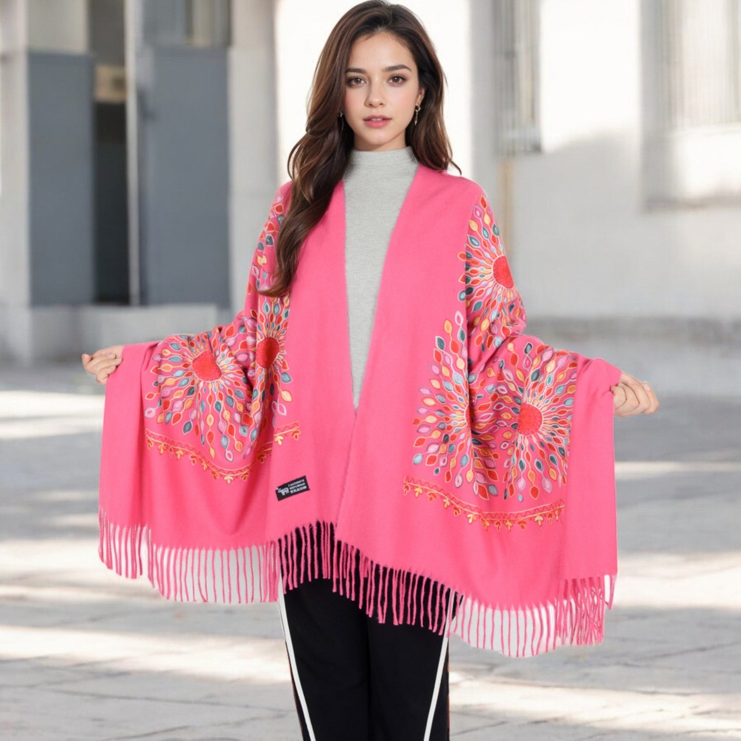 Floral Mandala Embroidered Scarf with Fringed Edges and Lightweight Fabric