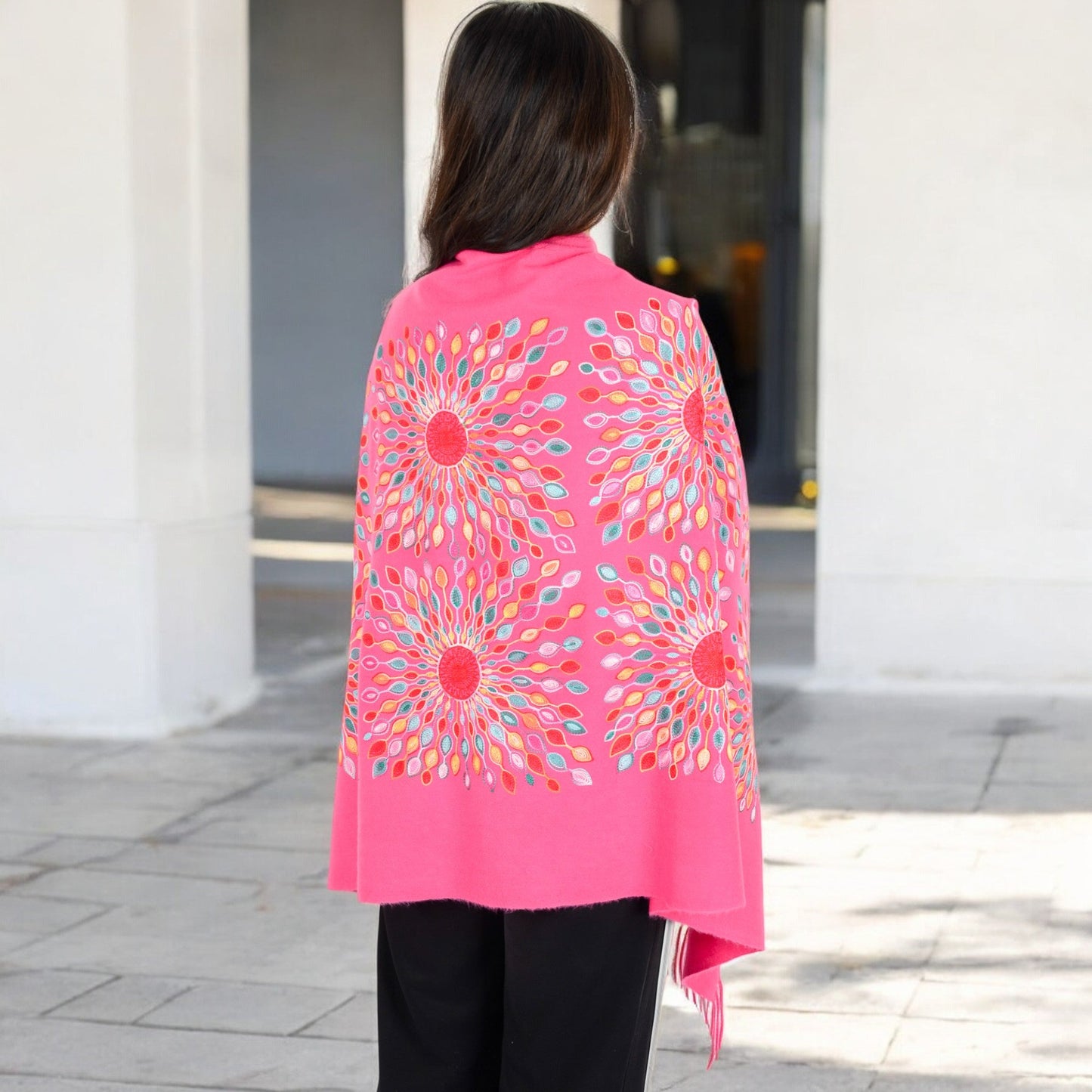 Floral Mandala Embroidered Scarf with Fringed Edges and Lightweight Fabric