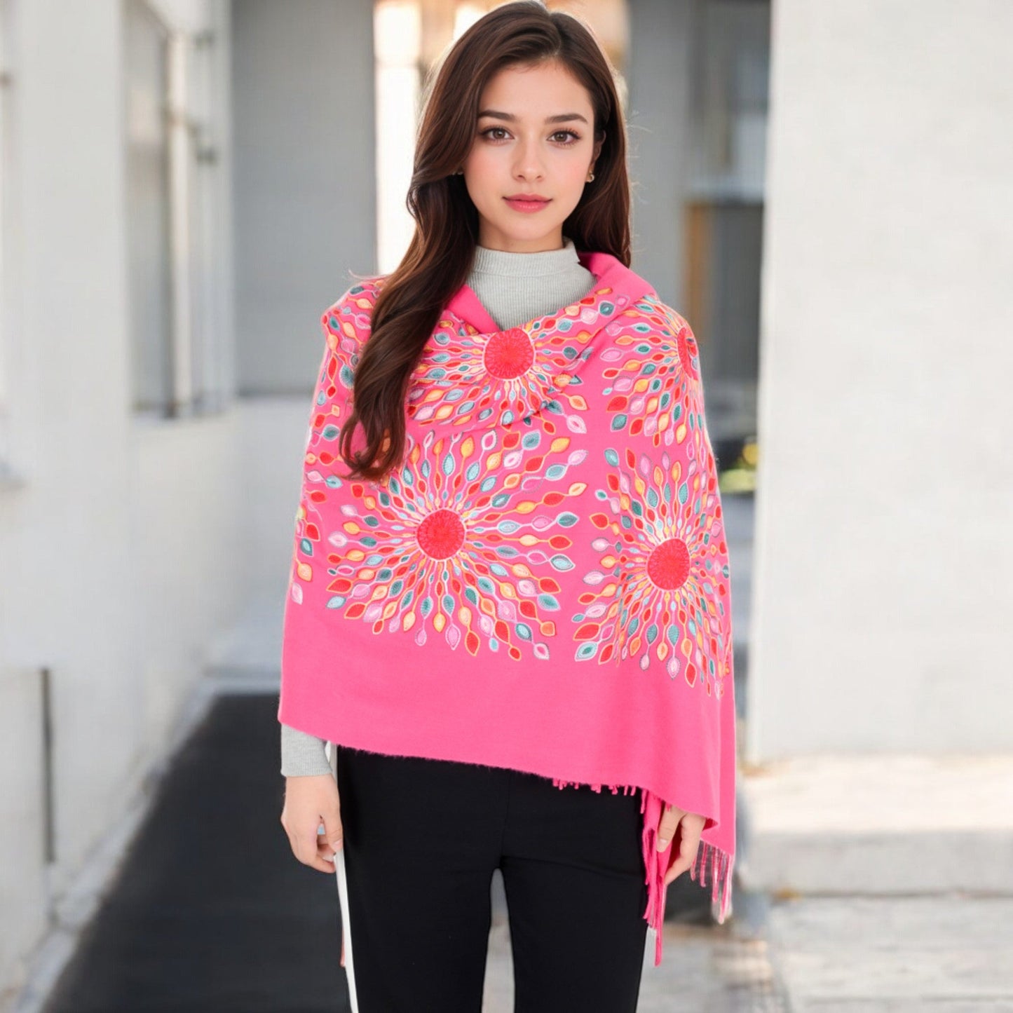 Floral Mandala Embroidered Scarf with Fringed Edges and Lightweight Fabric