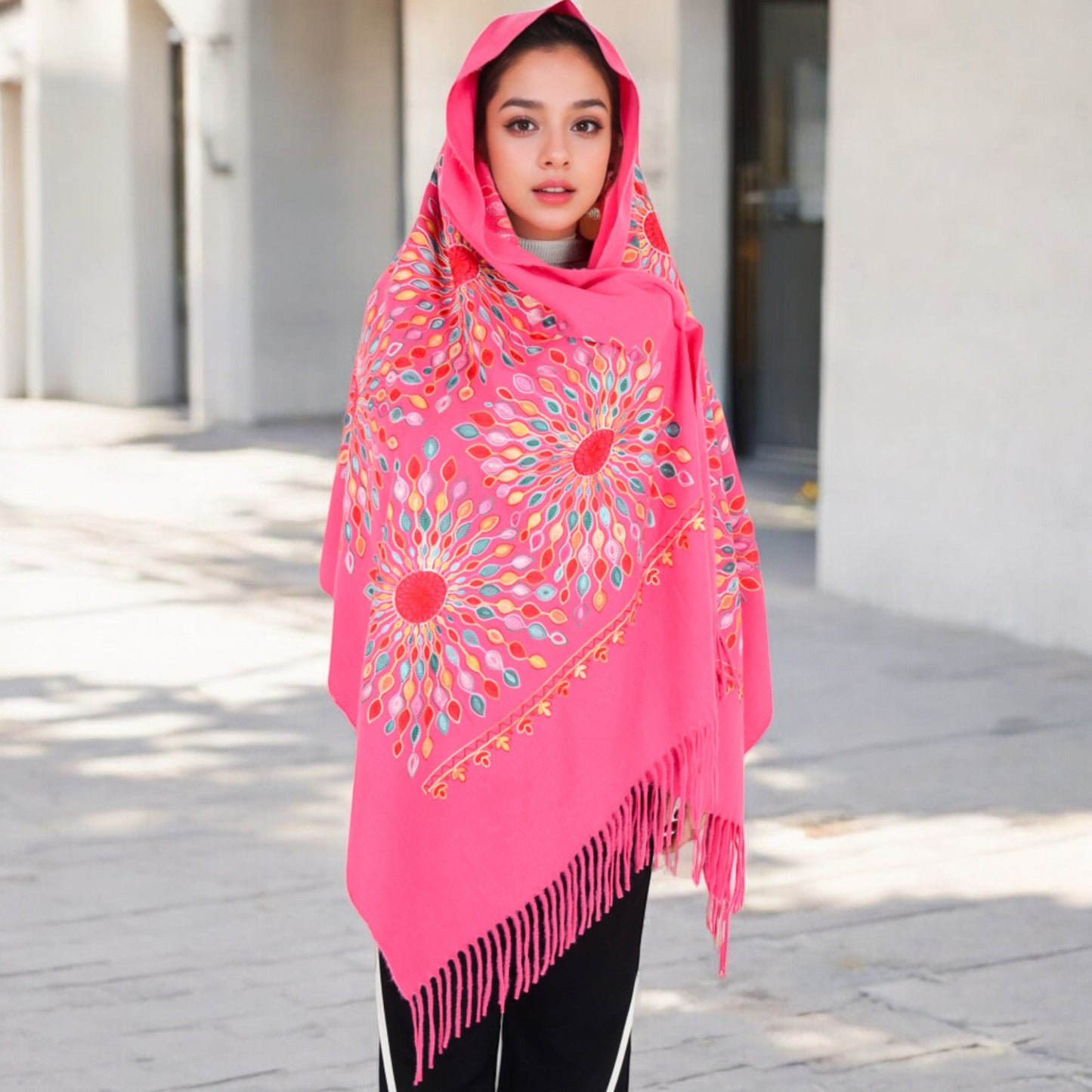 Floral Mandala Embroidered Scarf with Fringed Edges and Lightweight Fabric