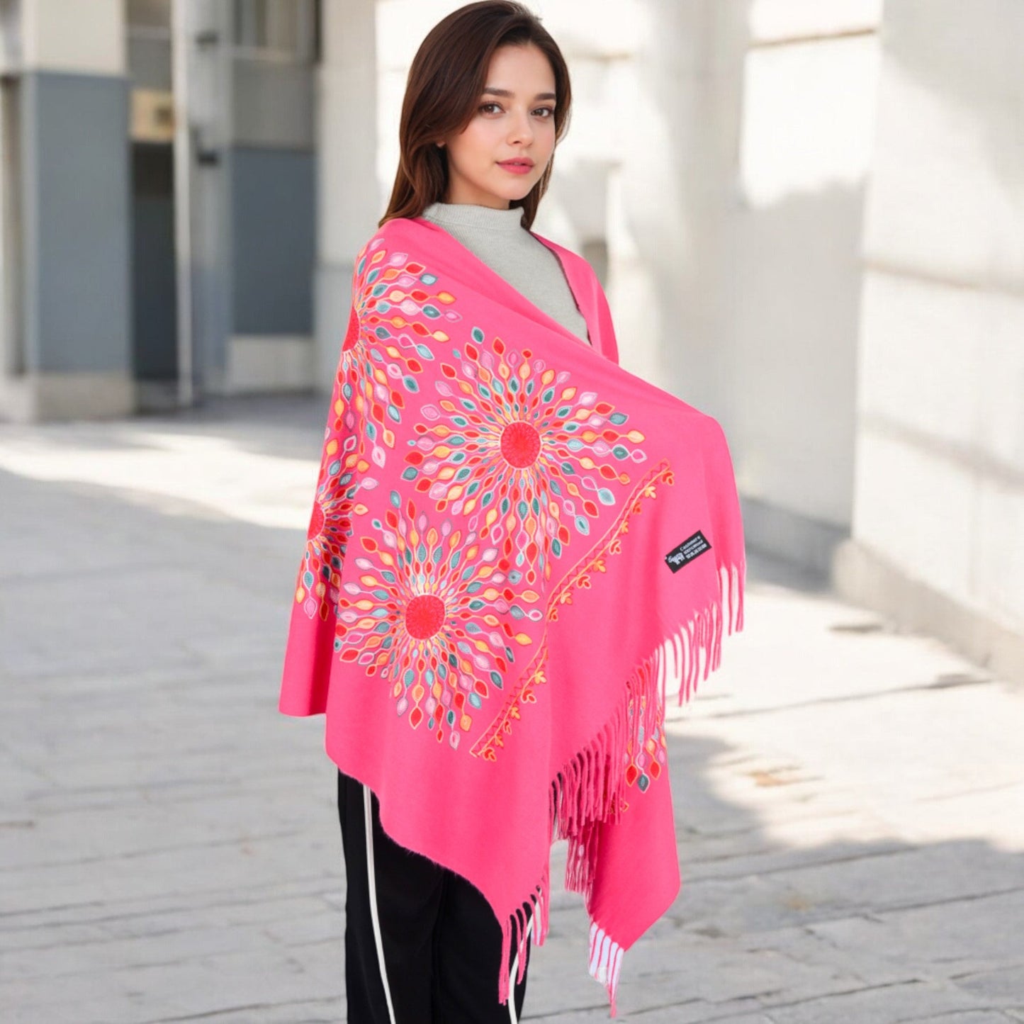 Floral Mandala Embroidered Scarf with Fringed Edges and Lightweight Fabric