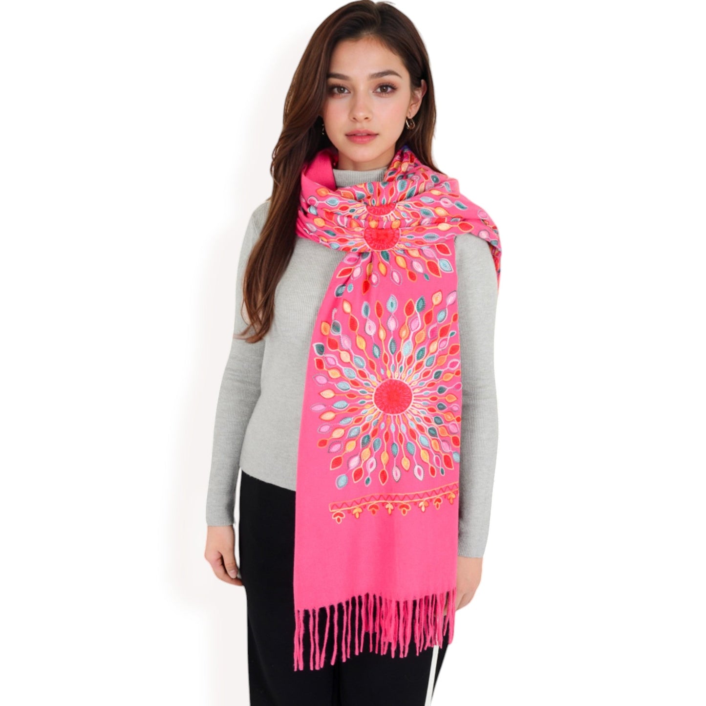 Floral Mandala Embroidered Scarf with Fringed Edges and Lightweight Fabric