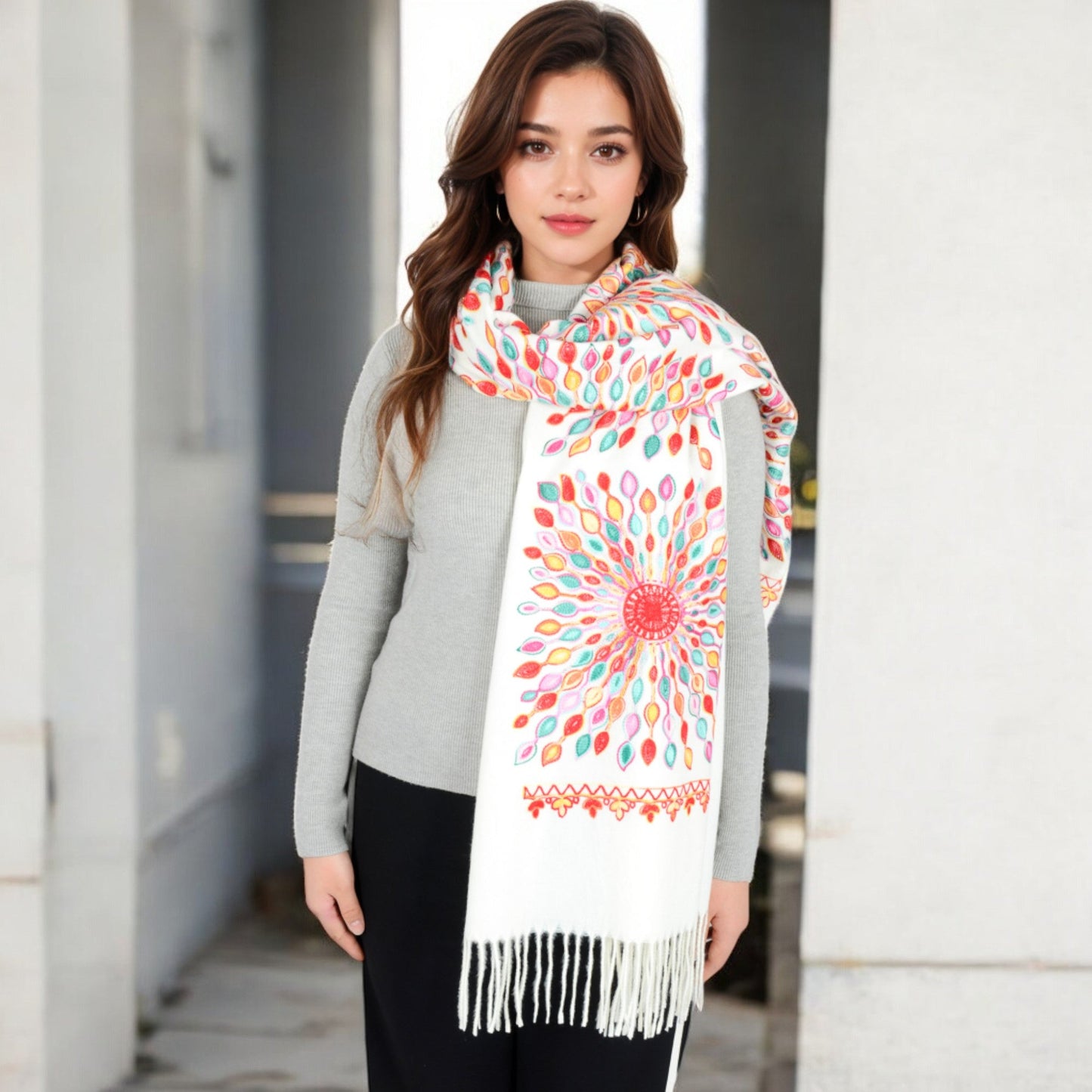 Floral Mandala Embroidered Scarf with Fringed Edges and Lightweight Fabric