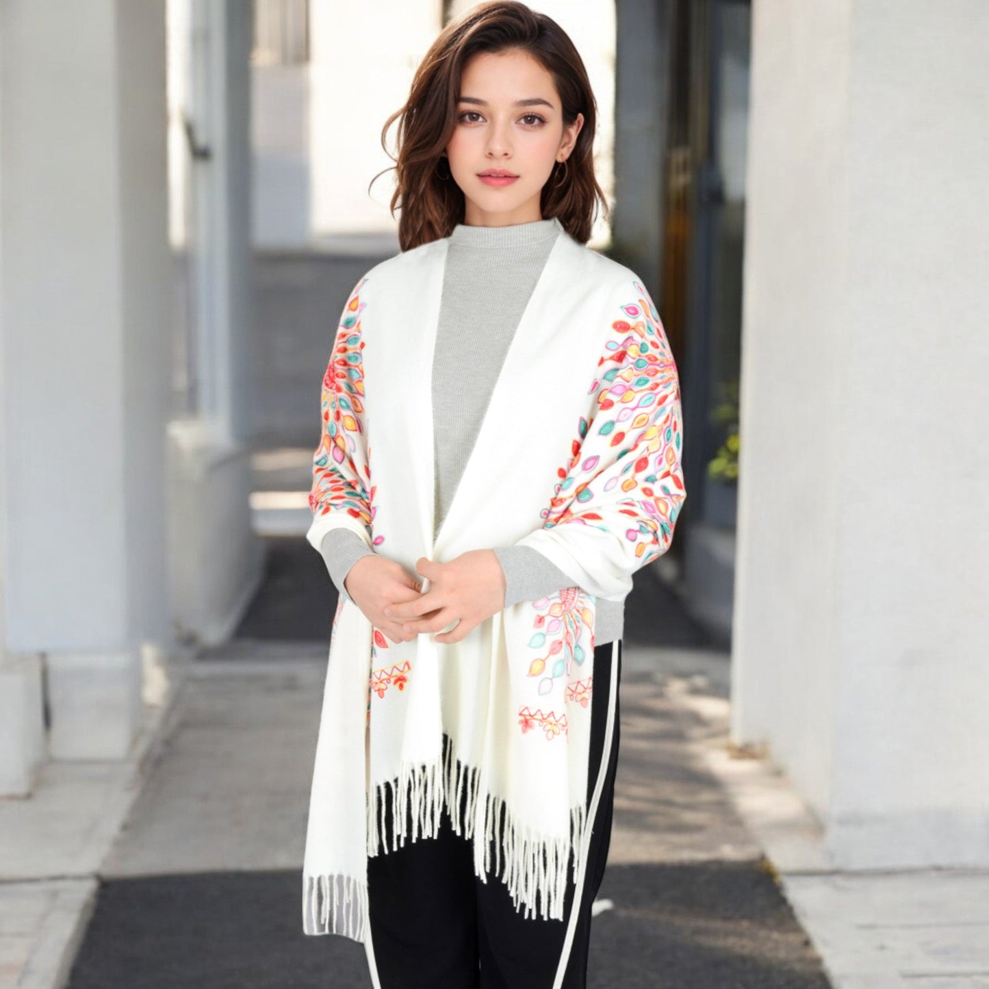 Floral Mandala Embroidered Scarf with Fringed Edges and Lightweight Fabric
