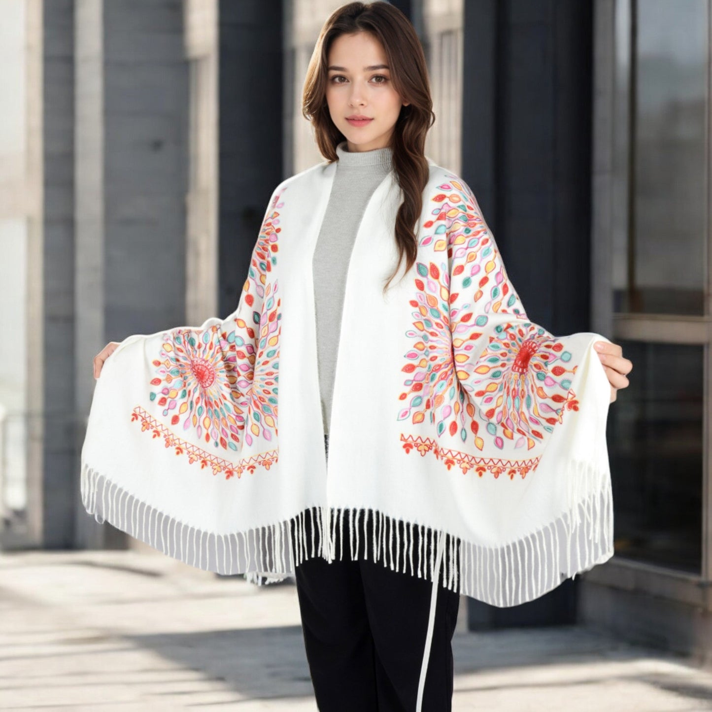 Floral Mandala Embroidered Scarf with Fringed Edges and Lightweight Fabric