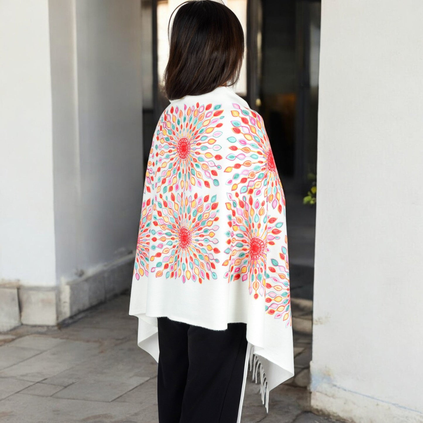 Floral Mandala Embroidered Scarf with Fringed Edges and Lightweight Fabric