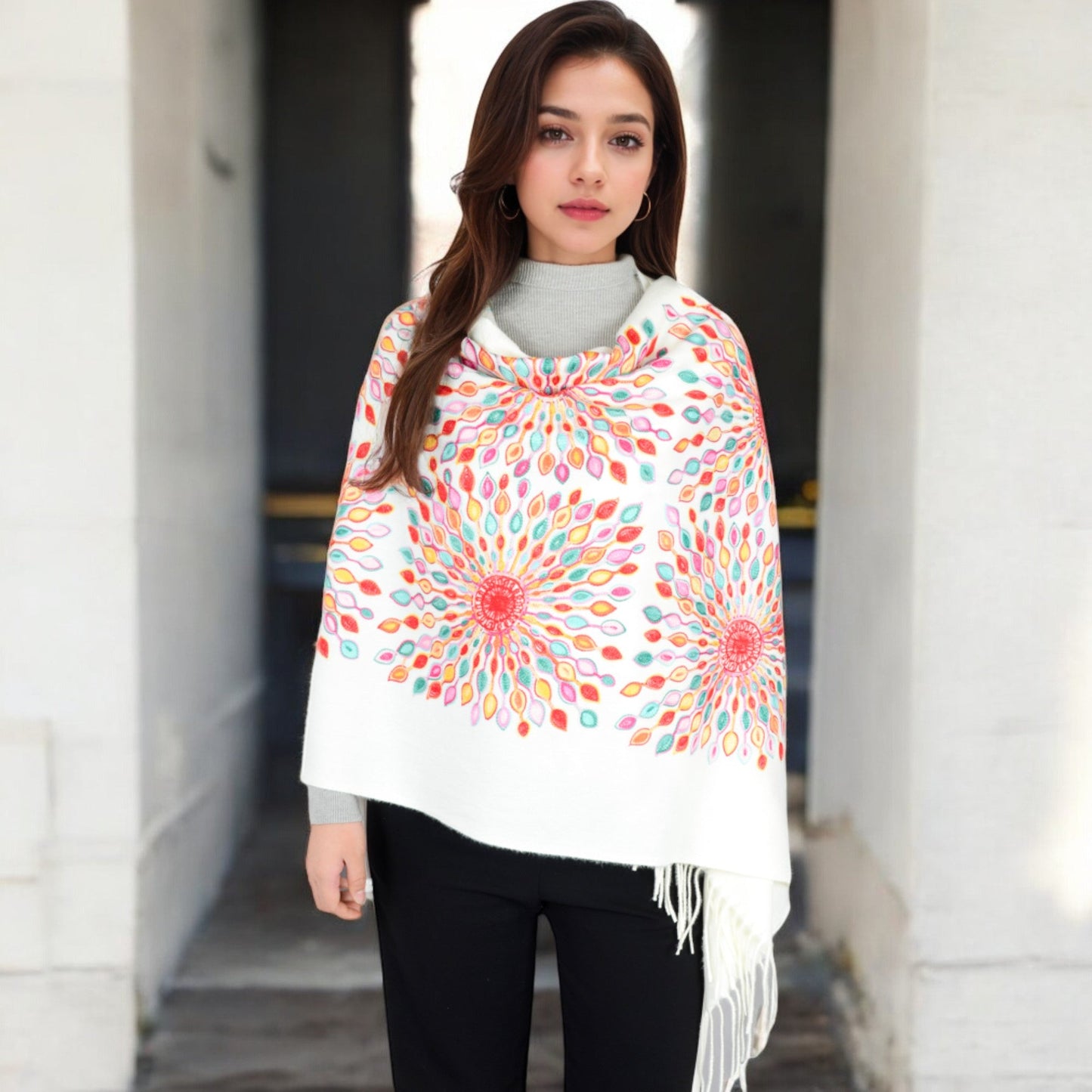 Floral Mandala Embroidered Scarf with Fringed Edges and Lightweight Fabric